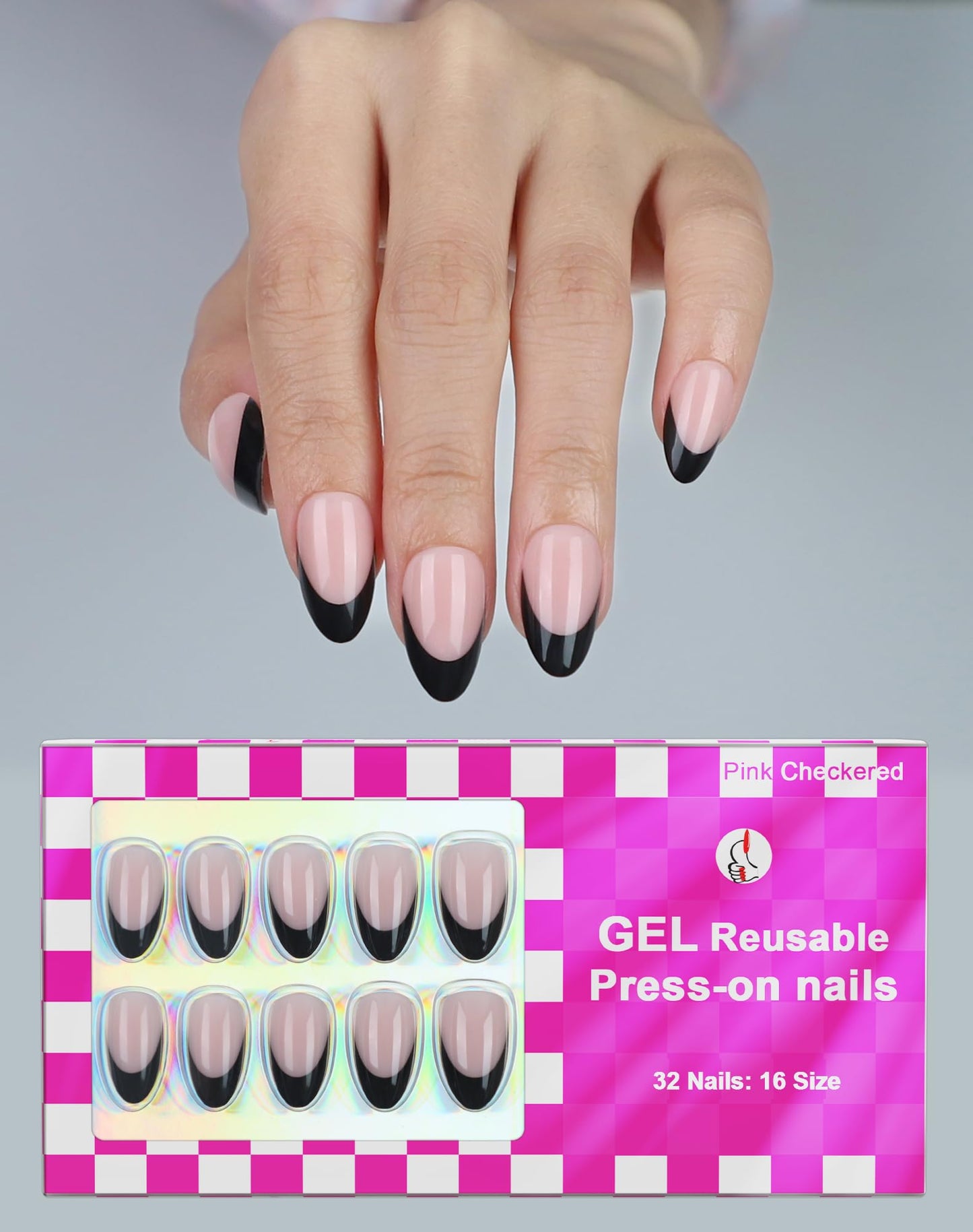 OIFEN Almond Press On Nails Short Fake Nails with Glue, Glossy Reusable Stick on Nails in 16 Sizes, Classic French & French Black Tip