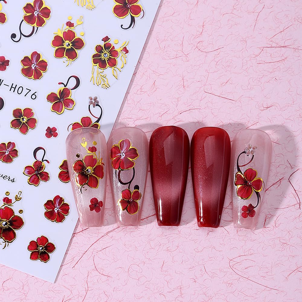 Red Flower Nail Art Sticker Decal 6Pcs 3D Elegant Self-Adhesive Nail Stickers Golden Trim Nail Decal Red Floral Nail Supply Spring Summer Flower Nails Design for Women Manicure DIY Decoration