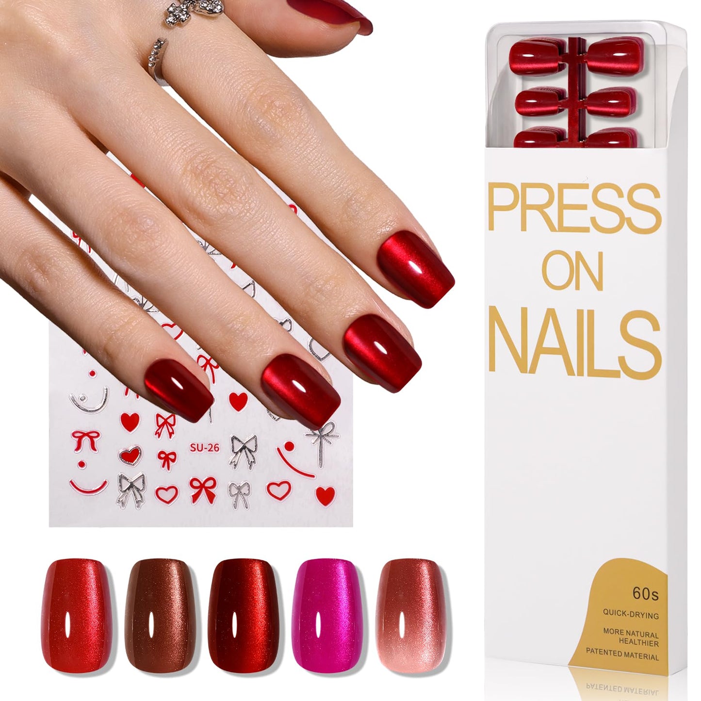 CUZIAM Red Cat Eye Press on Nails Short Square, 5 Color Light to Dark Cherry Red Magnetic Gel Nails with Heart Nail Stickers set for Women Valentine's Day, 150pcs Pre-Builded Fake Nails Manicure Kit