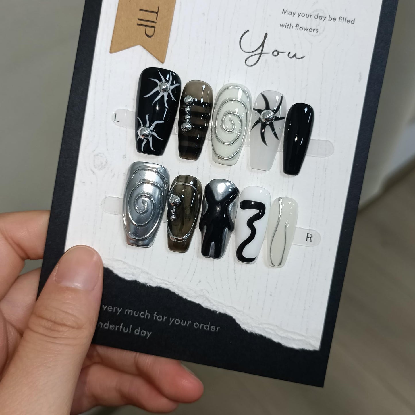 TENPAL Dark Silver Gothic Press on Nails Long Coffin Shape 3D Embossed Sun Design Fake Nails Hand Painted Art for Women Fall Winter Ins Style(XS)