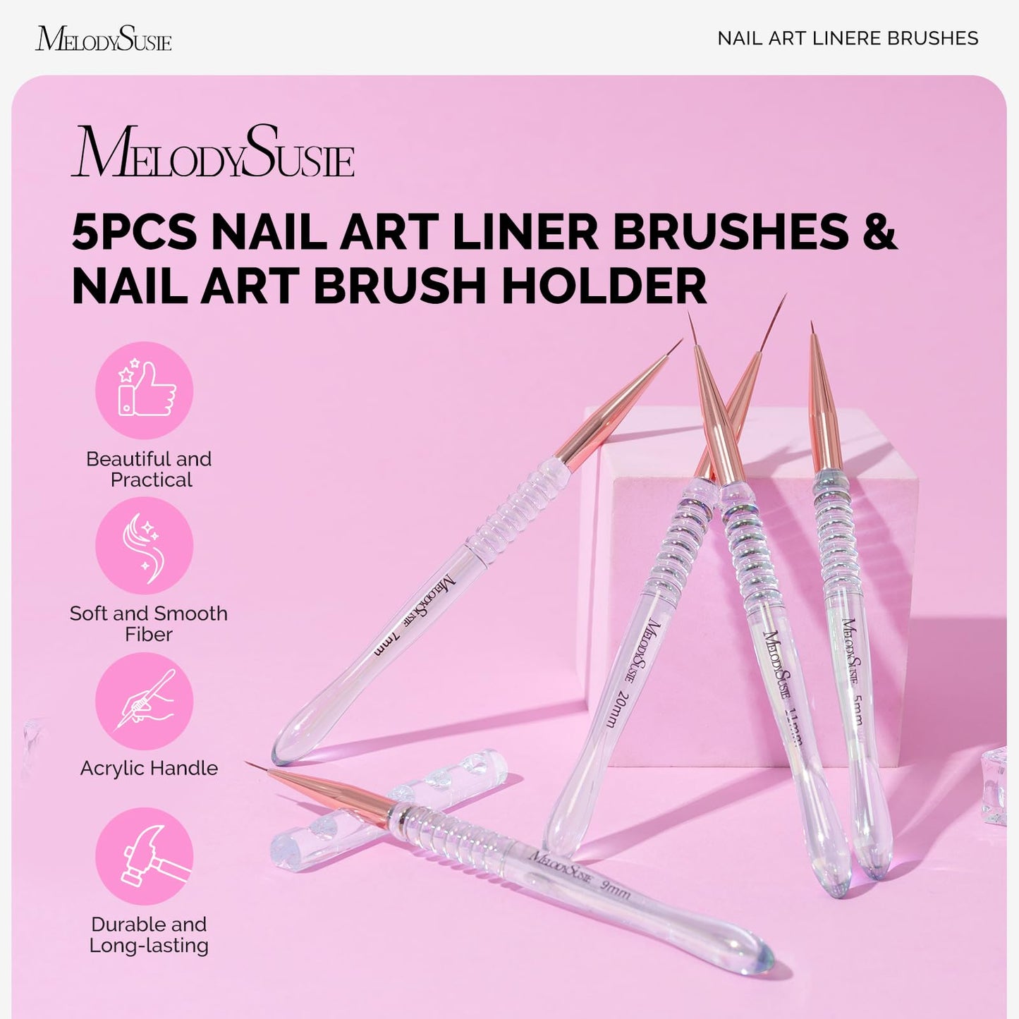 MelodySusie 5Pcs Nail Art Liner Brushes with Nail Brush Holder and Nail File Kit