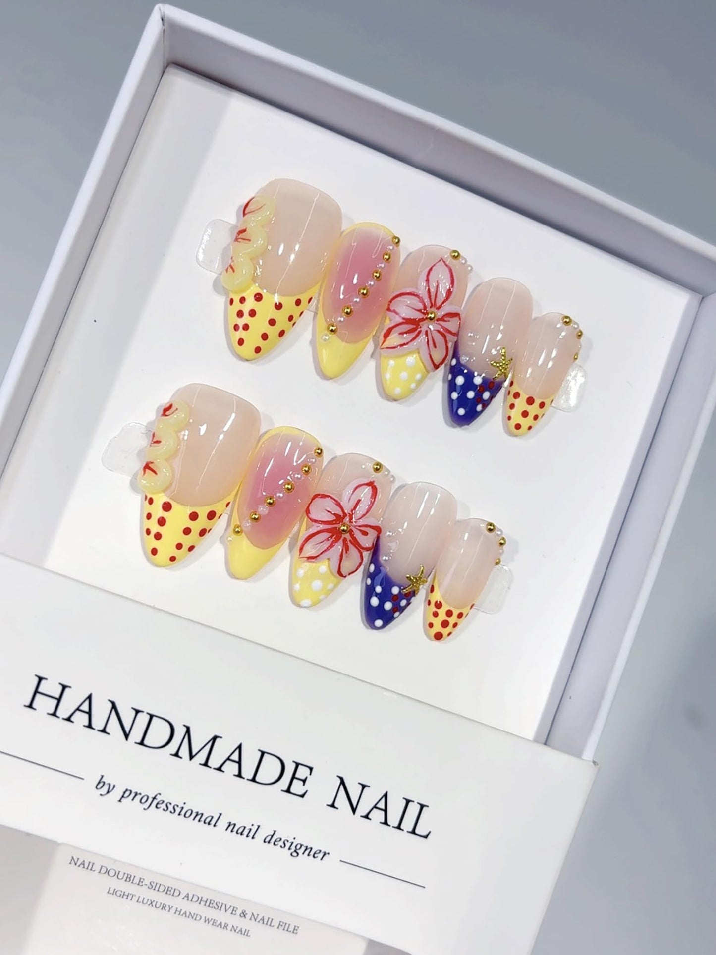 Almond French Handmade Nails with Flower Polka Dot Design Nude Medium Press on Nails Full Cover Detachable Artificial Acrylic Fake Nail for Women Girls Manicure DIY 10 Pcs （S）