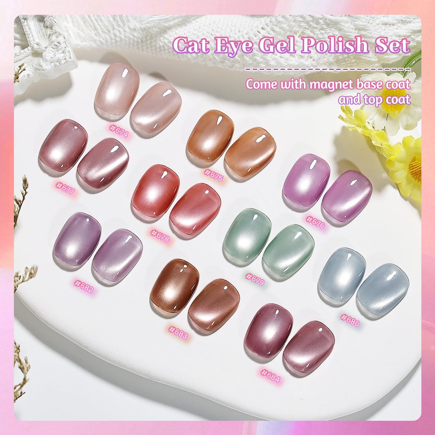 JODSONE 10 Colors Jelly Cat Eye Gel Nail Polish Set with Base Coat &Top Coat & Magnet Stick Purple Blue Pink Red Jelly Sweet Gentle Manicure DIY Nail Art
