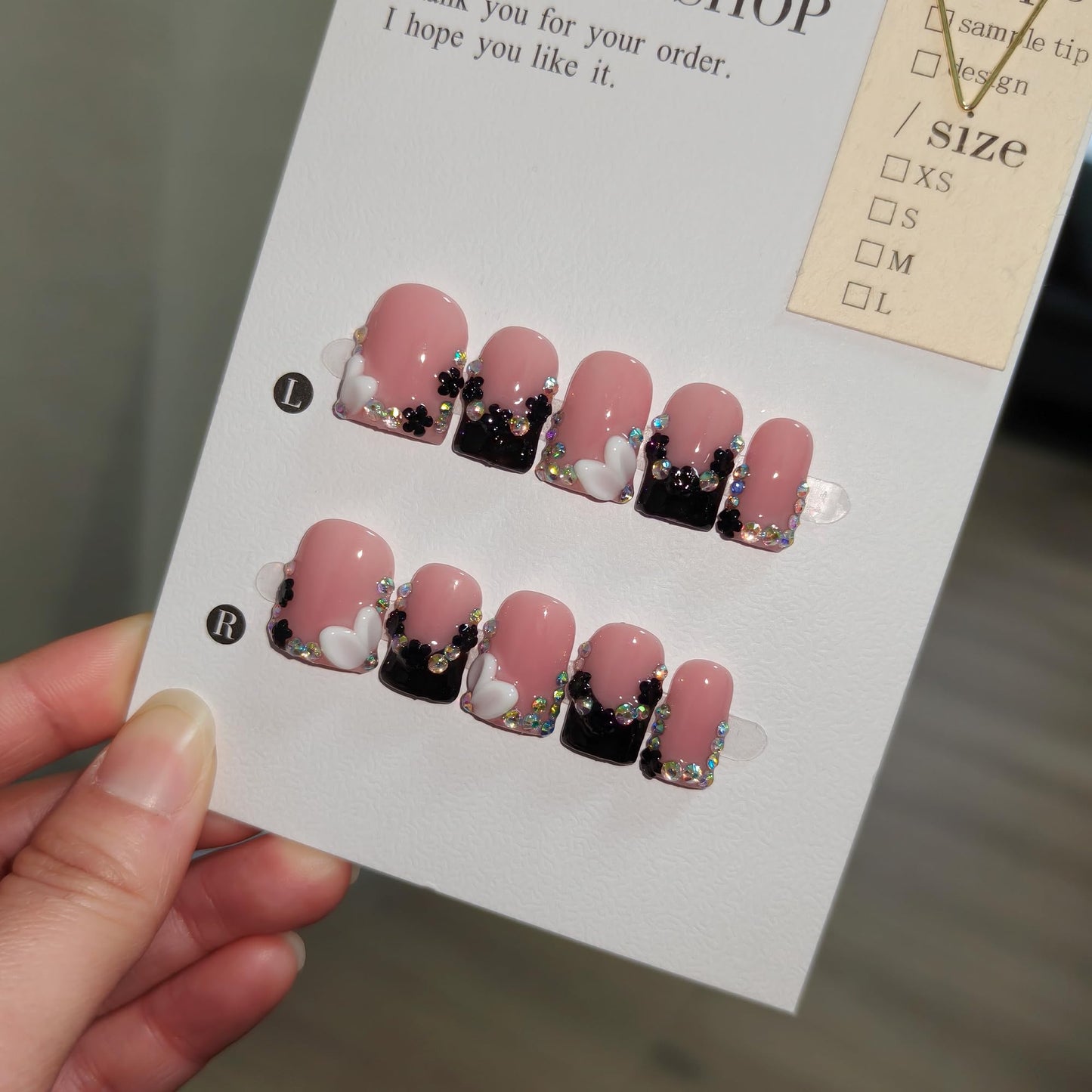 TENPAL Short Squoval Square Press on Nails - Nude Pink French Ombre Black White with Glitter Carving Florals| Icy Glossy Sweet Edge Style False Nails(M)