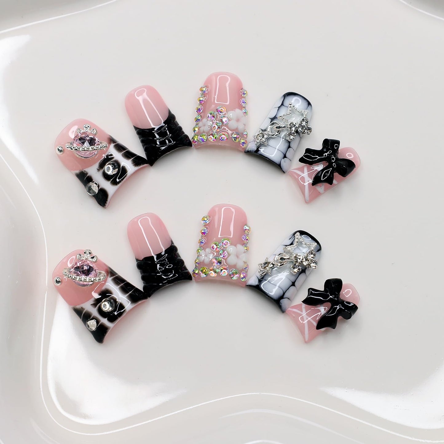 10Pcs Handmade Press on Nails Short Duck Fake Nails with 3D Bow Flower Rhinestone Design French Tip False Nails Black Bow Nail Acrylic Duck Nails Press ons Cute Artificial Stick on Nail for Women (M)