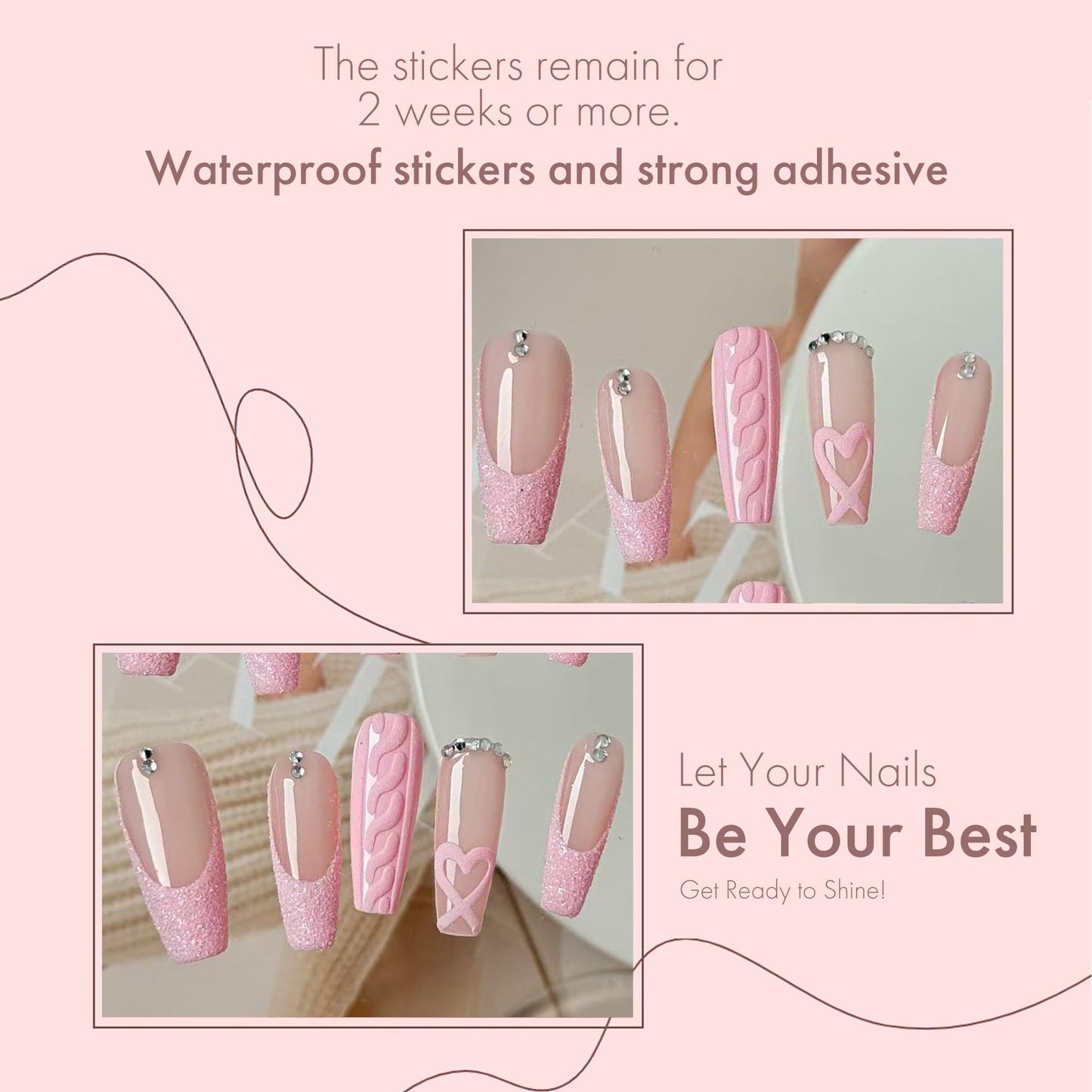 Press On Nails Pink Sweet Knit Series - Reusable False Nails with Knit Texture, Heart Design & Glitter Accents, Cute Elegant Acrylic Fake Nails for Women Daily Wear Dates Gifting (XS)