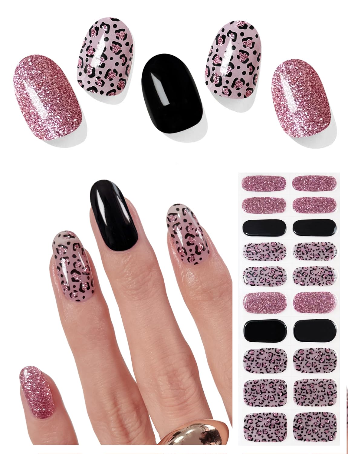 AutyaMee Semi Cured Gel Nail Strips (Glitter Leopard), Purple, 20 Pcs Gel Nail Wraps, Stickers, Salon Quality, Long Lasting, Works with Any UV Lamps