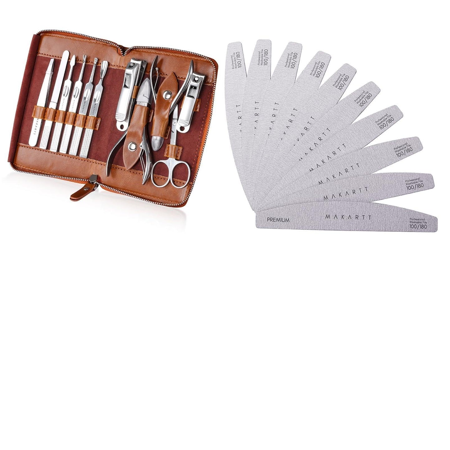 Makartt Nail File, 100/180 Grit Nail Files for Natural Nails Bundle with Manicure Kit: Professional Nail Care Kit Nail Clippers Set - 11 pcs Stainless Steel Tavel Nail Tool Kit