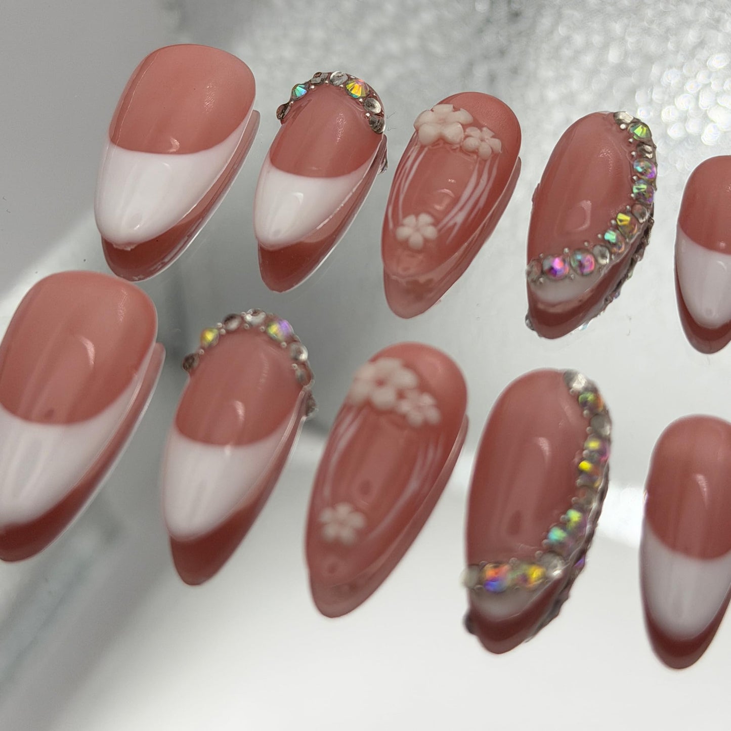 Press on Nails 10-Pack, 25mm Almond Shape Acrylic/UV Gel Fake Nails - Pink & White French Tip with Floral Rhinestone Design, Reusable Glossy Stick-on Nails for Women (Pink, S)
