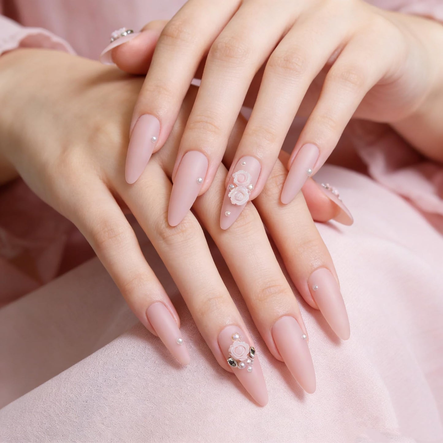 24PCS Long Stiletto Press On Nails-Matte Nude Pink Fake Nails with 3D Resin Rose Flower & Pwarl Acctents, Reusable Artifical Nail Tips for Women,Perfect for Wedding,Prom&Romantic Occasions