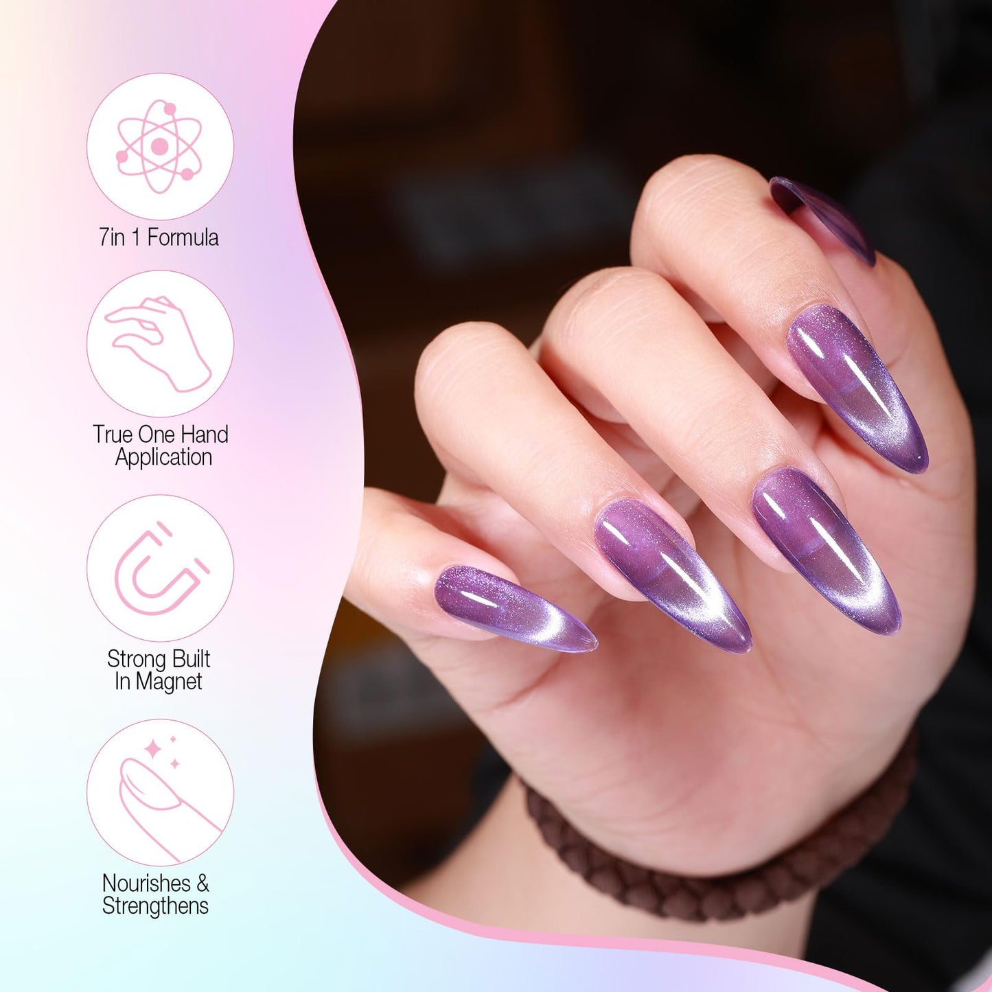 7-in-1 Cat Eye Gel Nail Polish Pen 2pcs, One Step Magnetic Gel Polish with Magnet, No Base/Top Coat Needed, Light Purple & Deep Purple Glassy Jelly Magnetic Gel Soak Off UV LED Nail Art DIY Home Salon