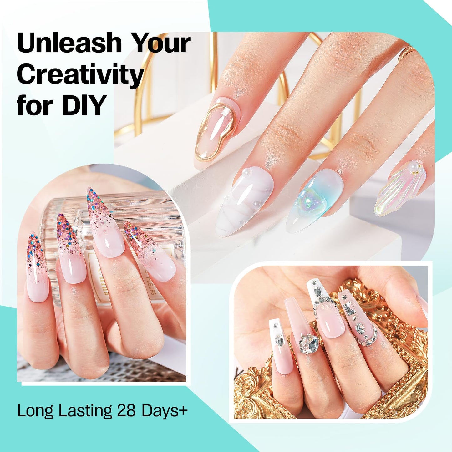 vieafenti 3D Sculpting Builder Gel Nail Art Kit - All In One Formula for Extensions, Sculpture, Designs, Chrome Powder, Rhinestones - Soak Off with UV/LED Lamp for Salon Home DIY