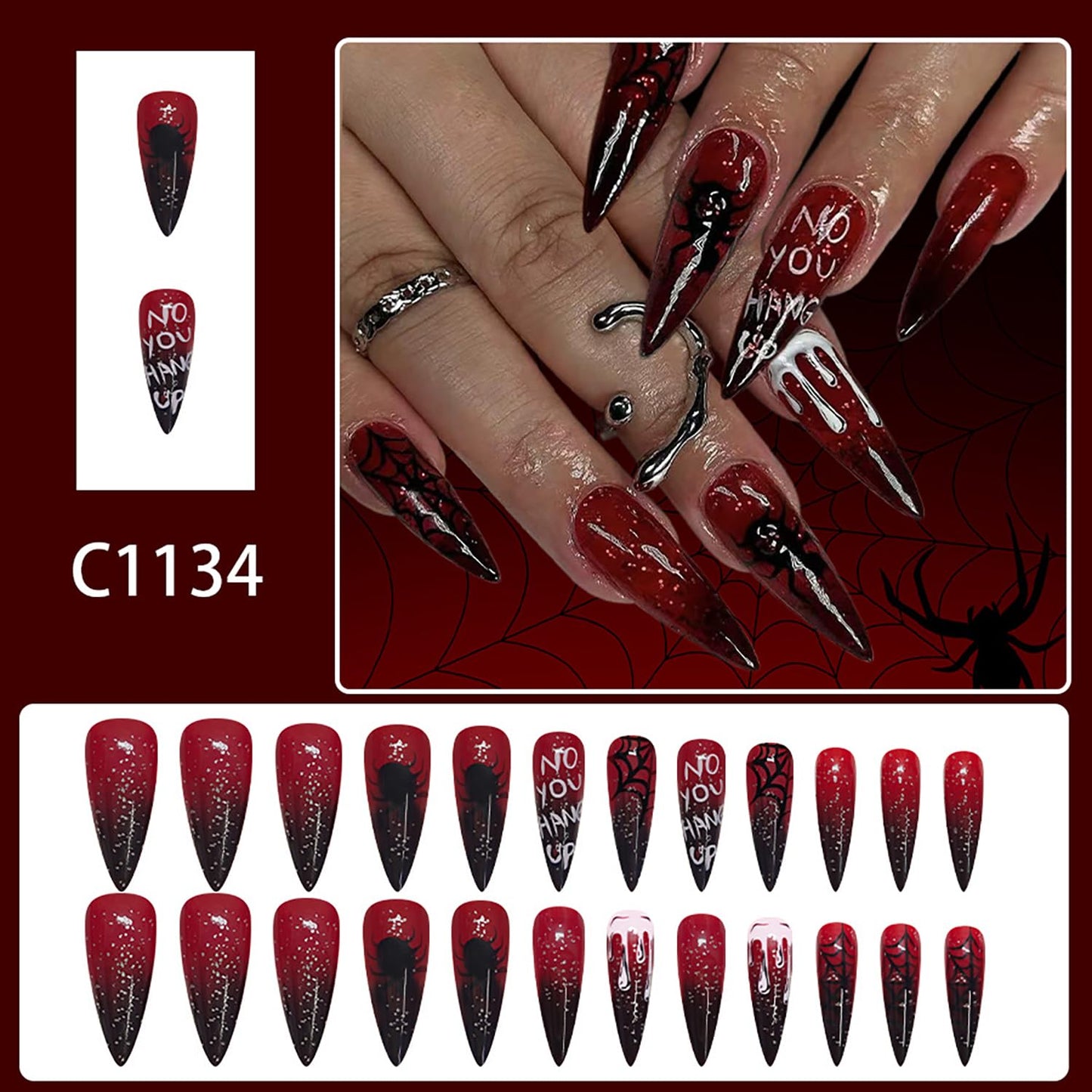 Almond Tip Halloween Press on Nails Long Spider Blood Drop Design Halloween Nail Full Cover Glossy Artificial Acrylic False Nail Wine Red French Tip Long Stick on Nails for Women Festival Decoration