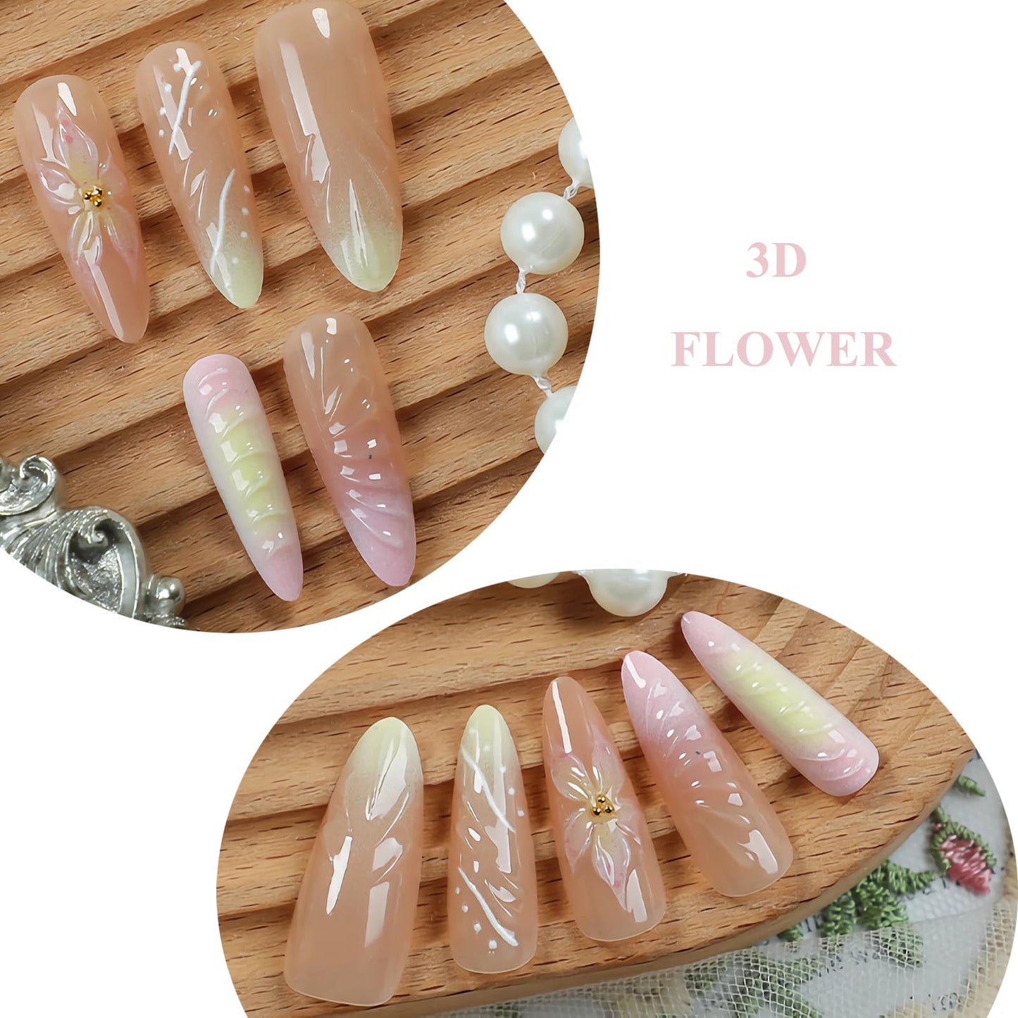 MERVF Press on Nails Long Stiletto - Ombre Pink Yellow French Tip Fake Nails Summer Acrylic 3D Flower Design Manicure Supplies Glossy 24pcs