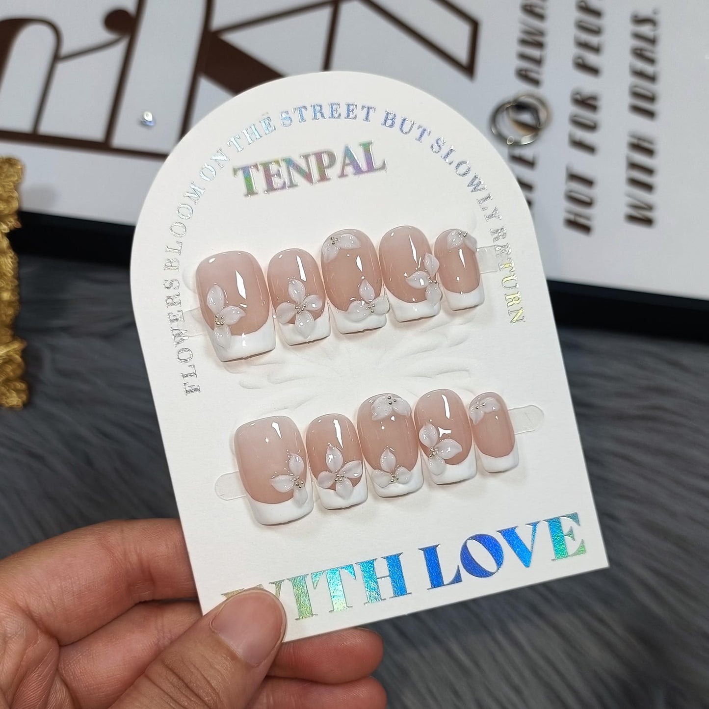 TENPAL 10Pcs Handmade Press On Nails Medium With Tools,Nude White French Tip Coffin Fake Nails with Designs,Hand-Painted White Floral Sculpted Salon Acrylic Glue on Nails for Wedding Party Daily(S)