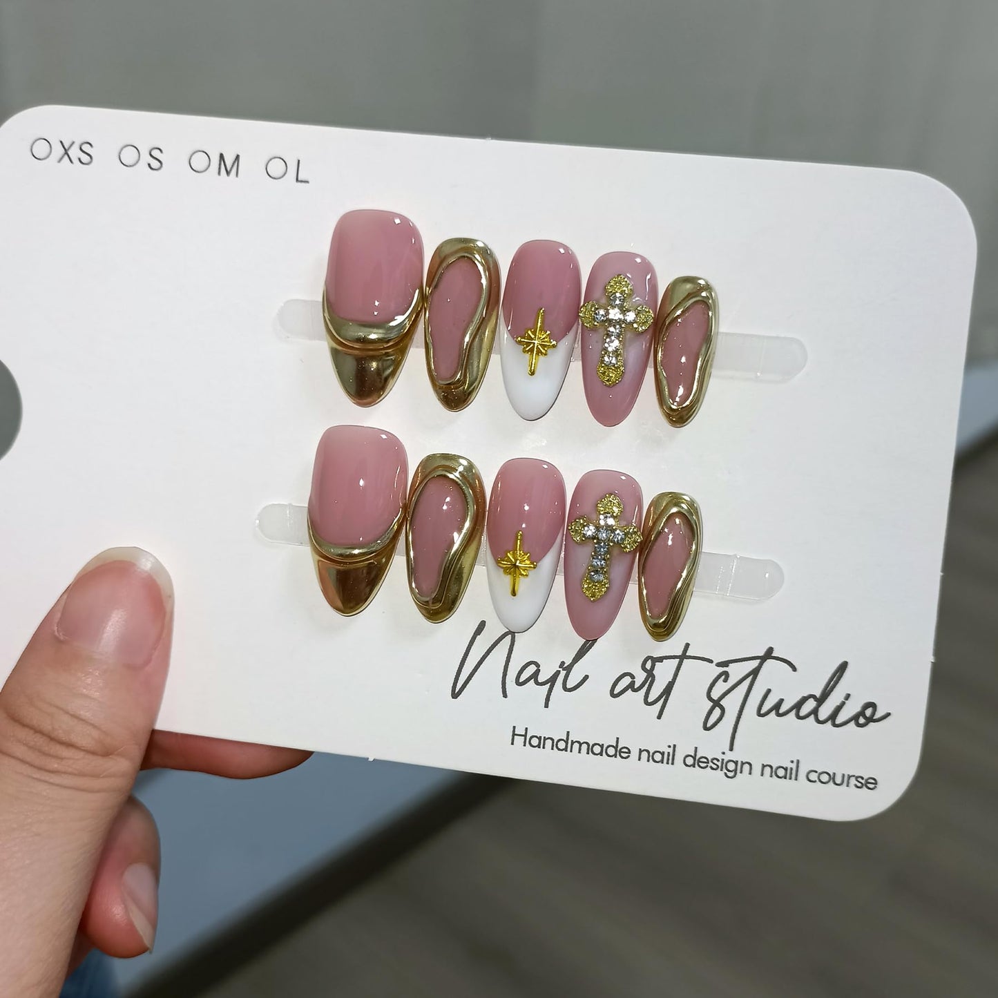 TENPAL 10Pcs Handmade Press On Nails Almond With Tools,Acrylic Icy Platinum French Tips Fake Nails with 3D Metal Cross,Glossy Y2K Blush Glitter Edgy Sweet Glue on Nails for Women,Gold French Nails(M)