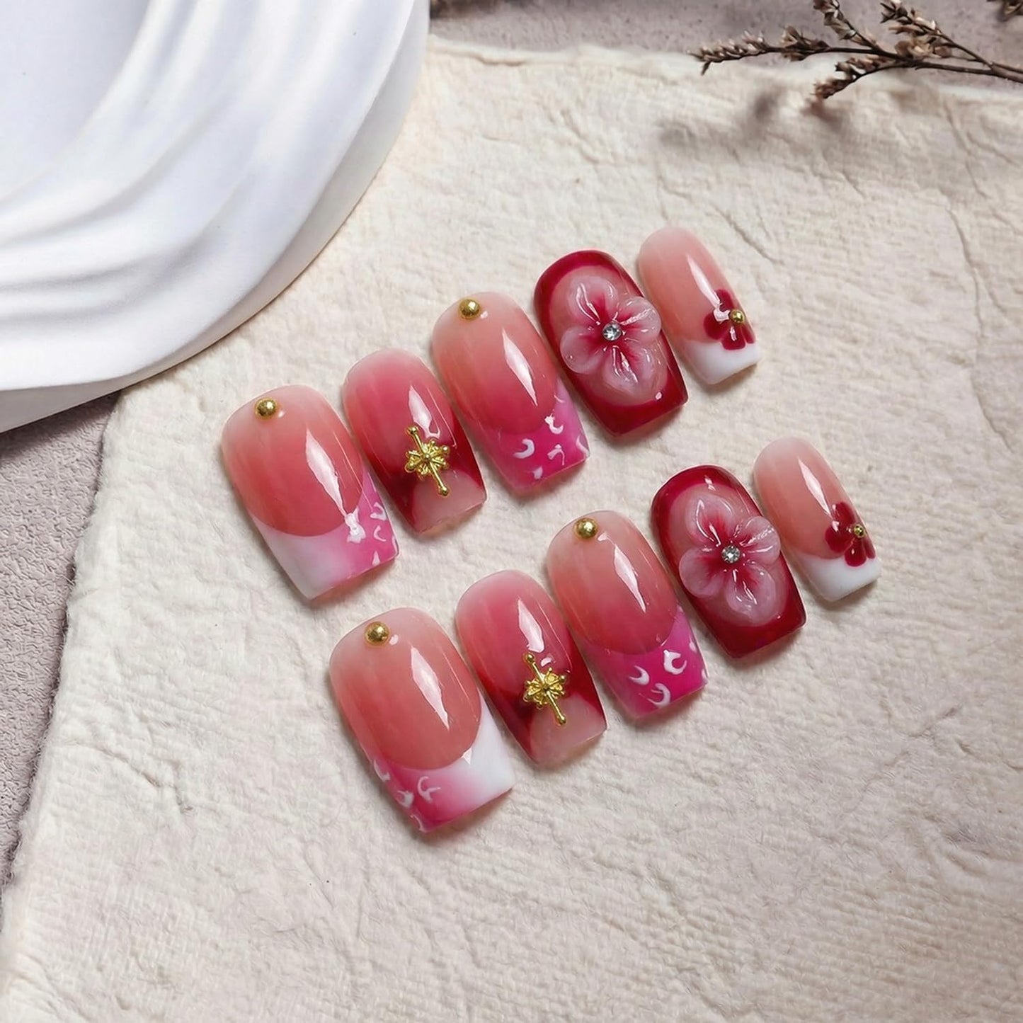 Flower Handmade Press on Nails Gradient Square 3D Flowers Rhinestones Design Fake Nails with French Tips Short Salon Quality Reusable Acrylic Nail Kit for Women 10 Pcs (S)