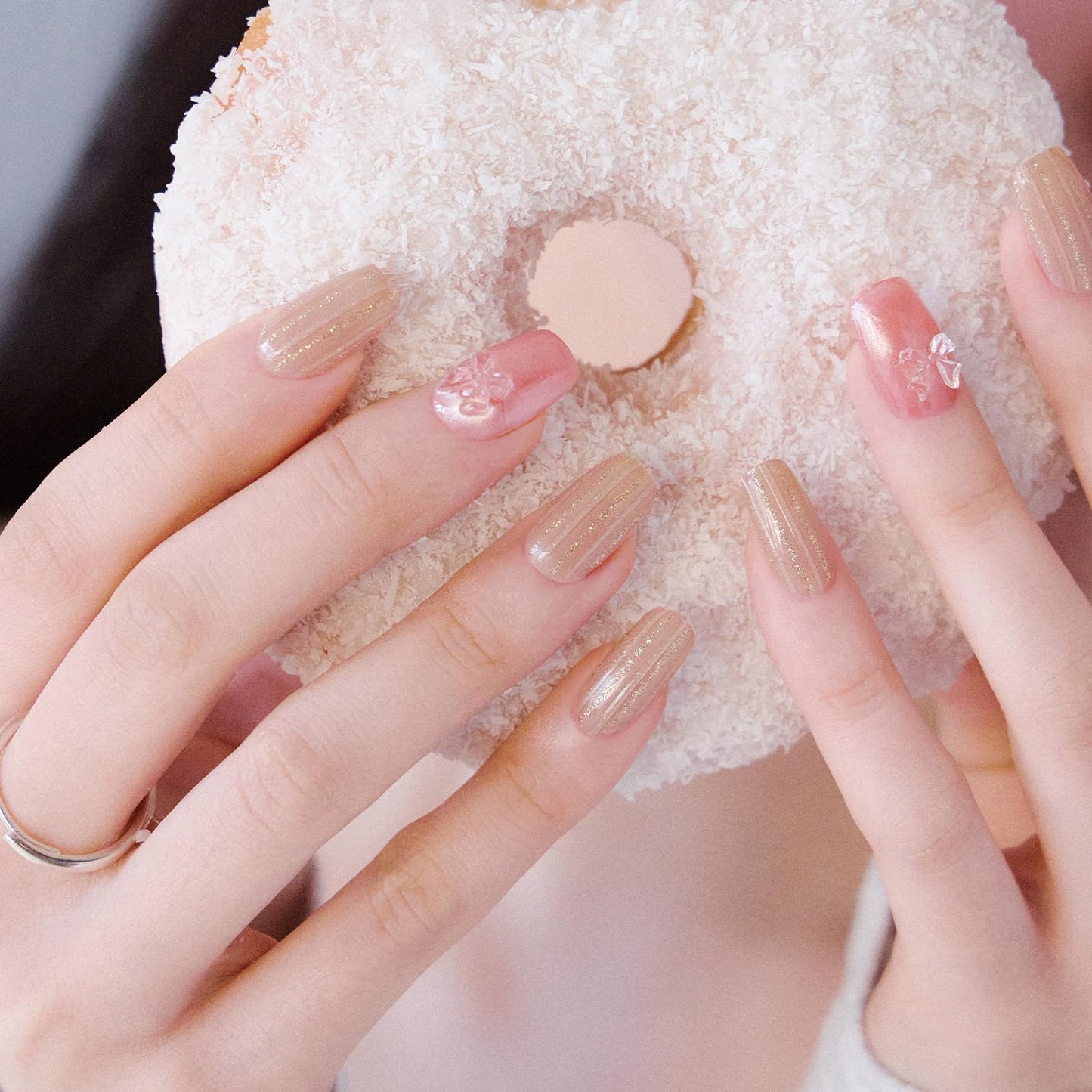 ohora Semi Cured Gel Nail Strips (N Rosy Bow) - 3D, Magnet, Pink, Gold, Works with Any Lamps, Salon-Quality, Long Lasting, Easy to Apply & Remove - Includes 2 Prep Pads, Nail File & Wooden Stick