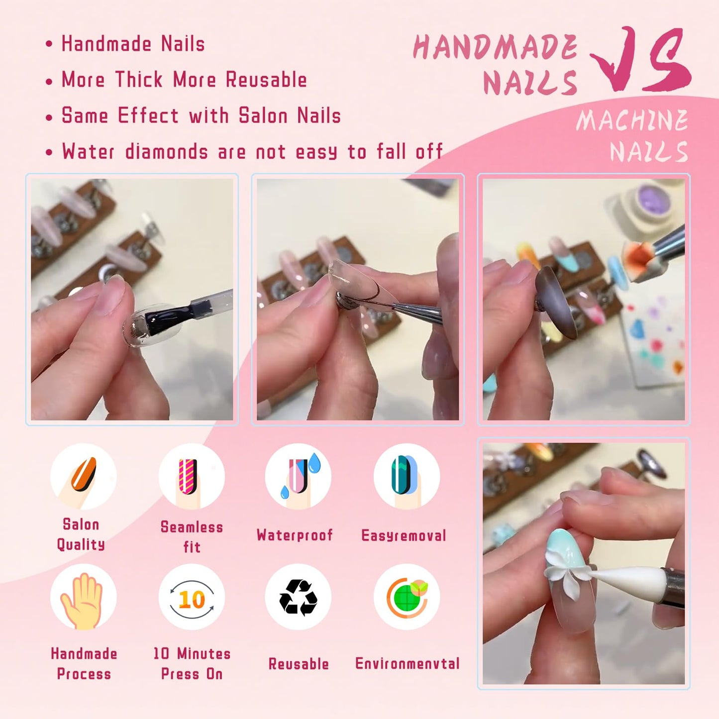 Vanpaga Press On Nails Medium Square Handmade Fake Nails Artistic Design 3D Thick Acrylic and Muti-Layer Gel False Nails Reusable Acrylic Fake Nails for Parties & Daily