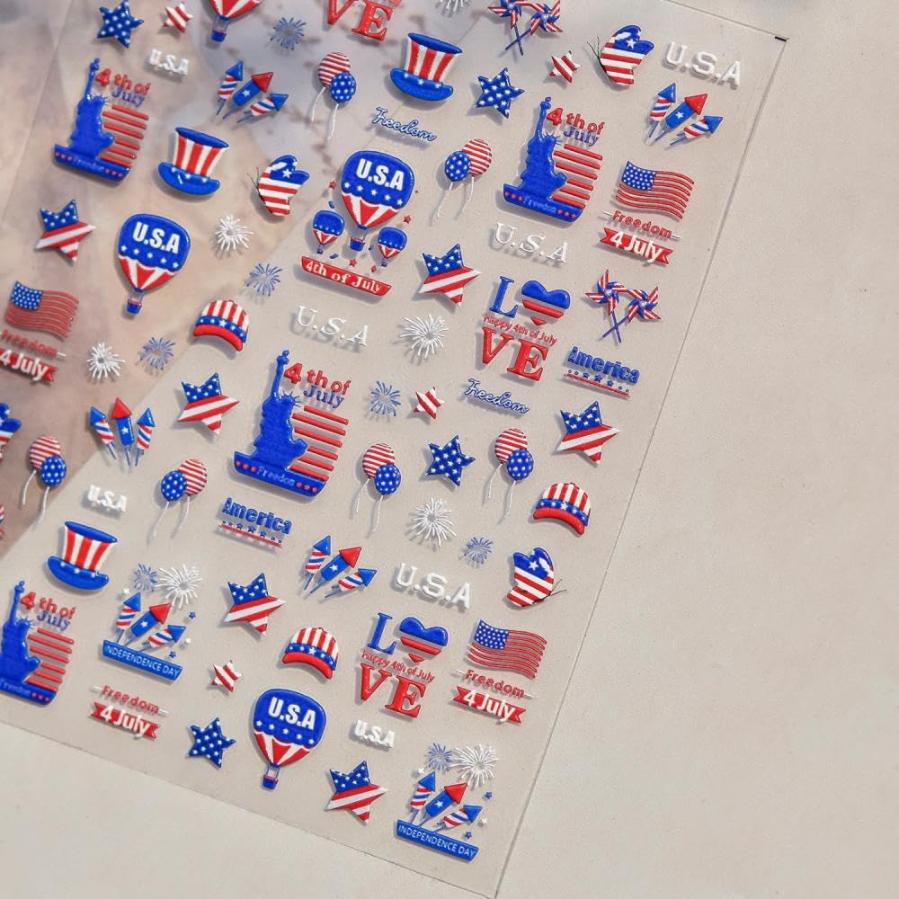 Independence Day Nail Stickers Star Self-Adhesive Balloon 5D Embossed Statue of Liberty Summer Nail Decals 4th of July Nail Designs Firework Nails Art Decoration for Women Manicure 1 Sheet