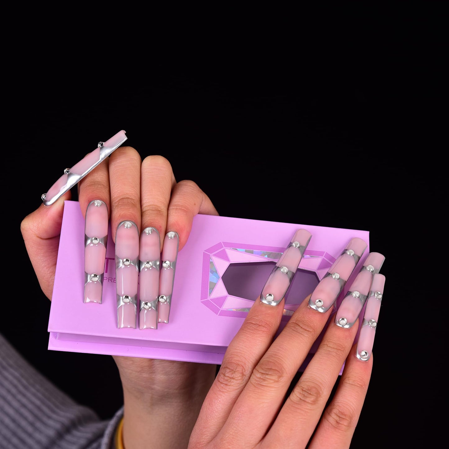 Tmani 10pc/set Extra Long Handmade Press On Nail Hot Girl's Long Ballet Square Nail Full of Diamond Glitter Decoration Fake Nails Suitable For Girls Festival Parties and Birthday Gift（096,Size-L)