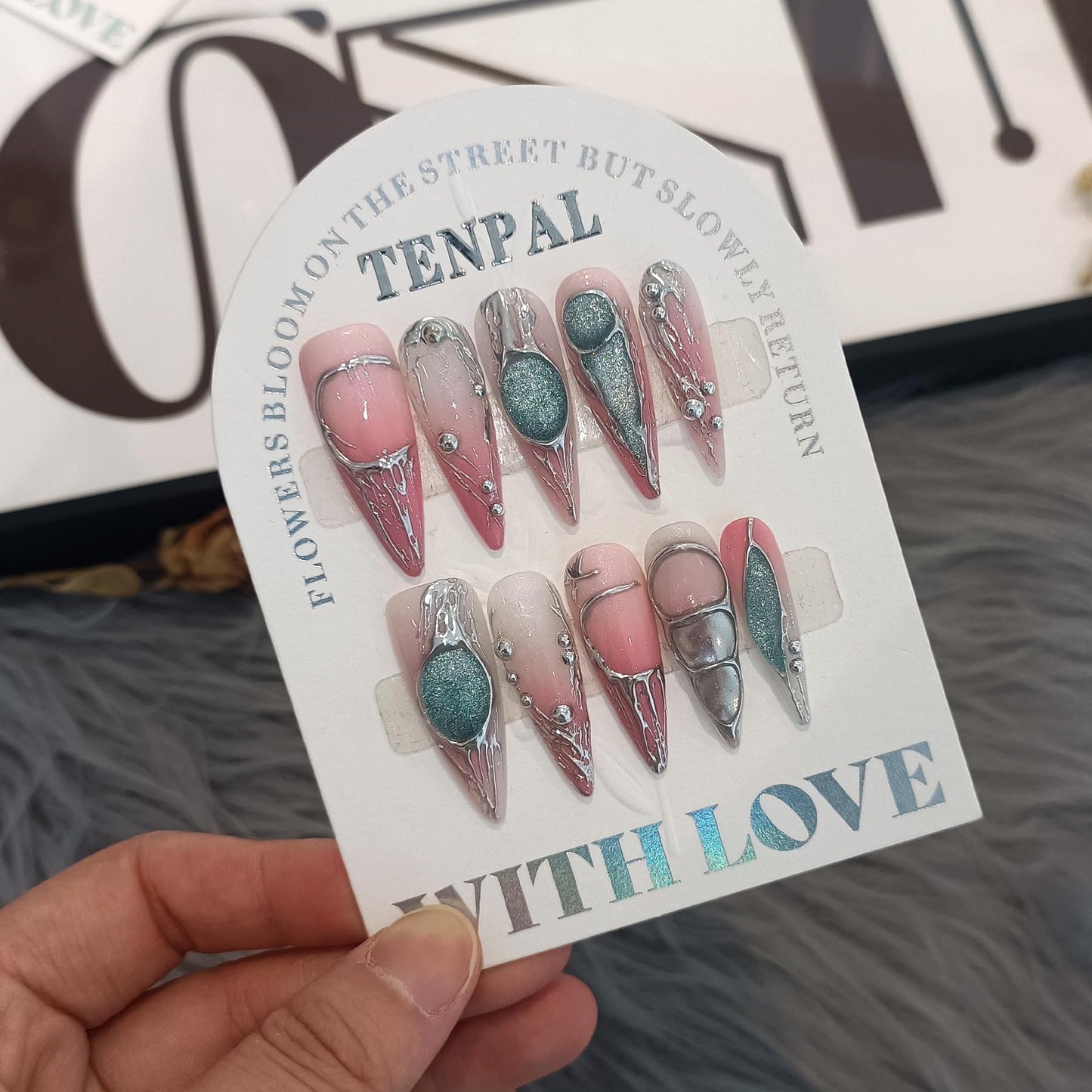 TENPAL Long Stiletto Press on Nails,Pink-Silver Holographic Gradient Hand-Painted Moons Fake Nails with 10pcs Tools,3D Cat Eye Glitter False Nails,Edgy Meteors Design Sweet-Edge Metal Nails(L)