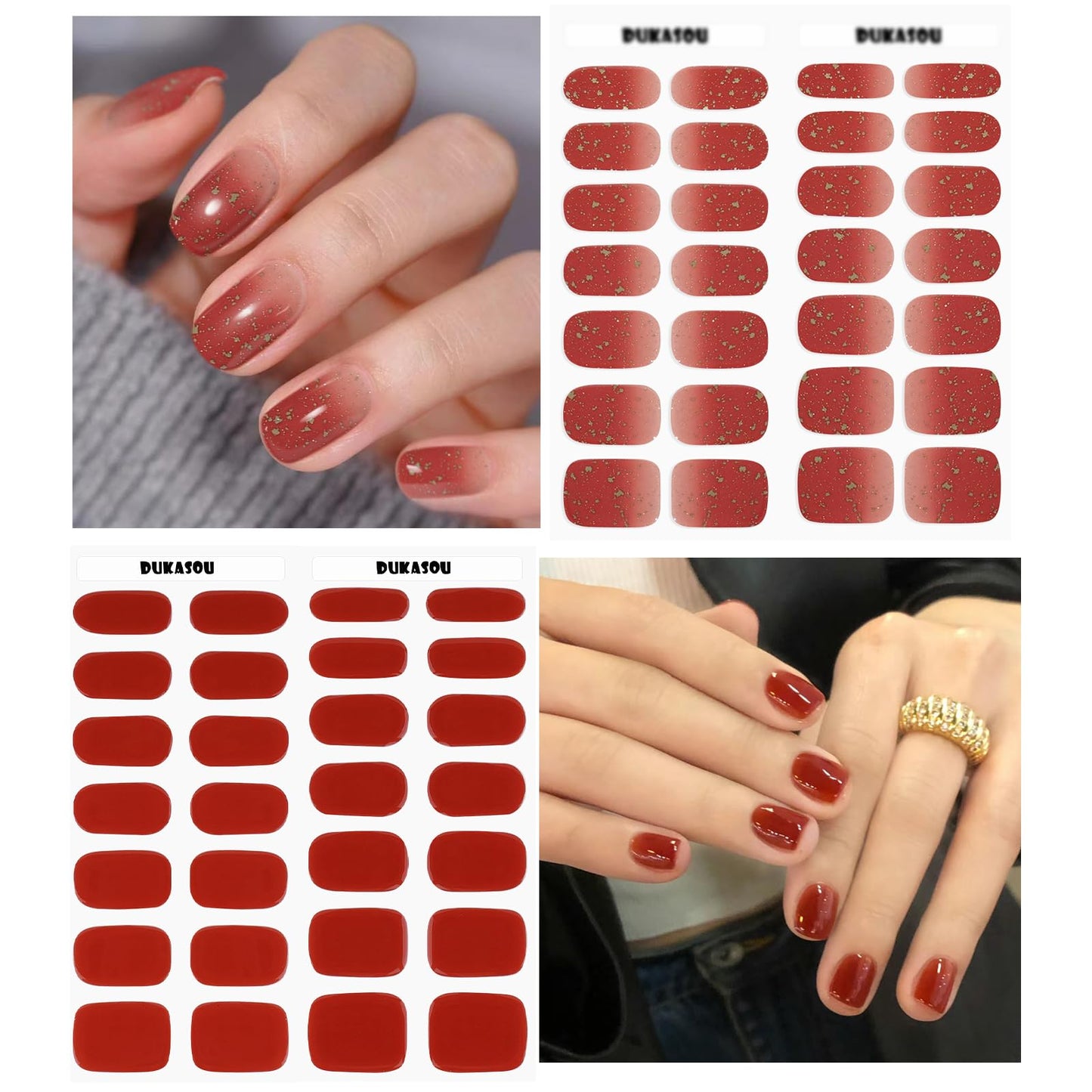 DUKASOU Semi Cured Gel Nail Strips, 56Pcs Red New Years Nail Art Stickers/Wraps, Long Lasting UV Nail Polish Strips for Adults(Red Foil+Caramel)