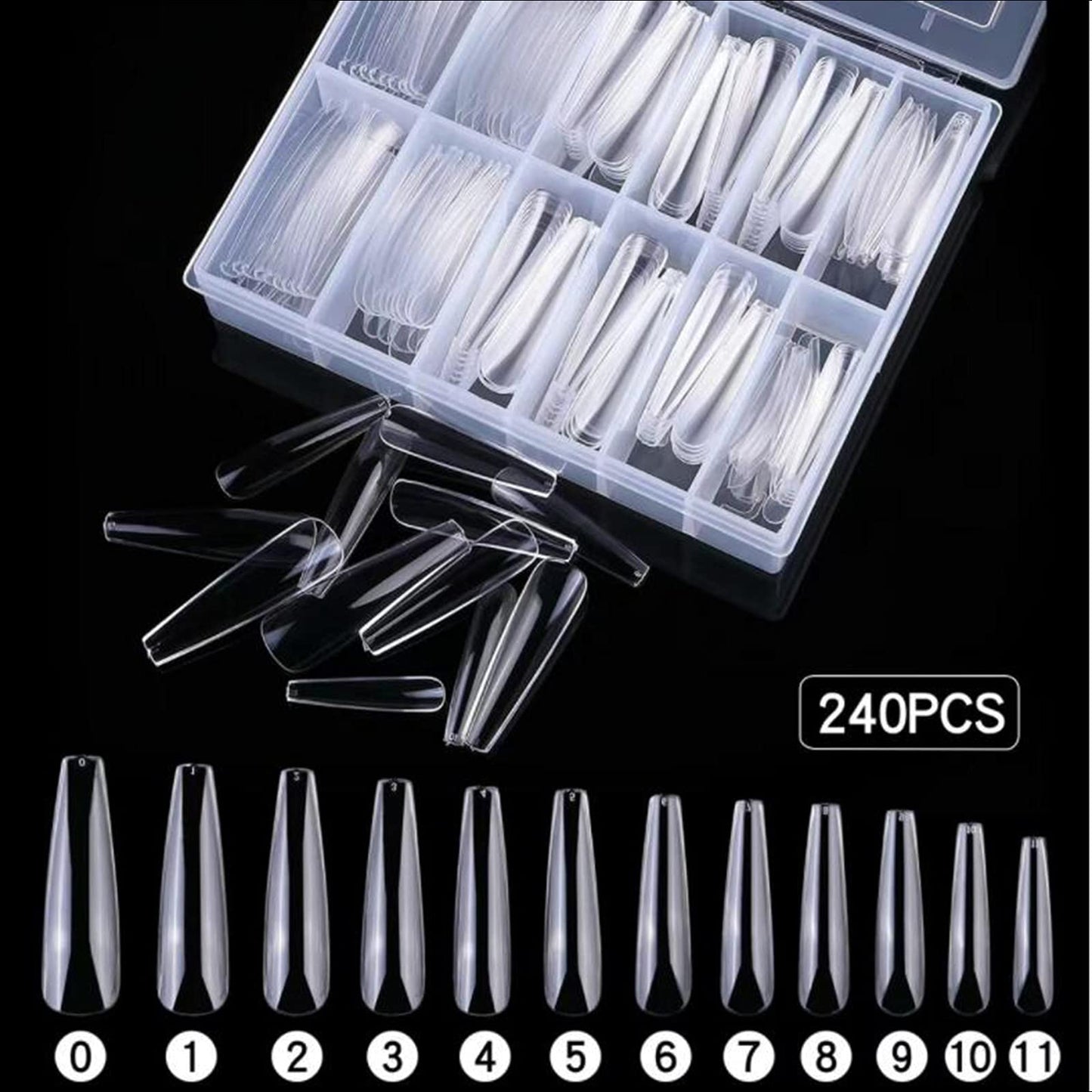 LoveOurHome XL Coffin Acrylic Nail Tips, 240pc Ballerina Shaped, Full Cover Artificial Fingernails, ABS Material, 12 Sizes for Women & Girls Nail Extension