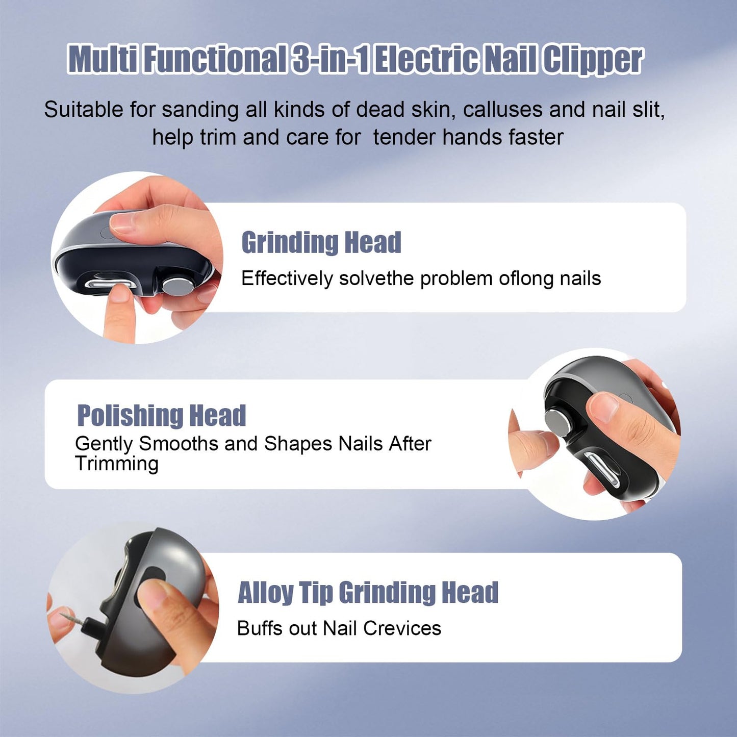 Electric Nail Clipper, 3 in 1 Electric Nail Clippers for Seniors & Adults, Baby Electric Nail Trimmer with Light & Clip Storage, USB Electric Automatic Nail Clipper for Fingernail & Toe (Shell White)