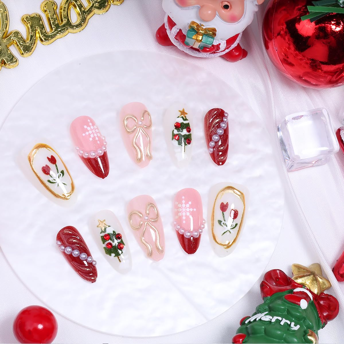 30Pcs Christmas Press on Nails Medium Almond French Tip Fake Nails Xmas Trees Flower False Nails with 3D Pearl Red Gems Gilding Bow Design Full Cover Glue on Nails Artificial Stick on Nail for Women