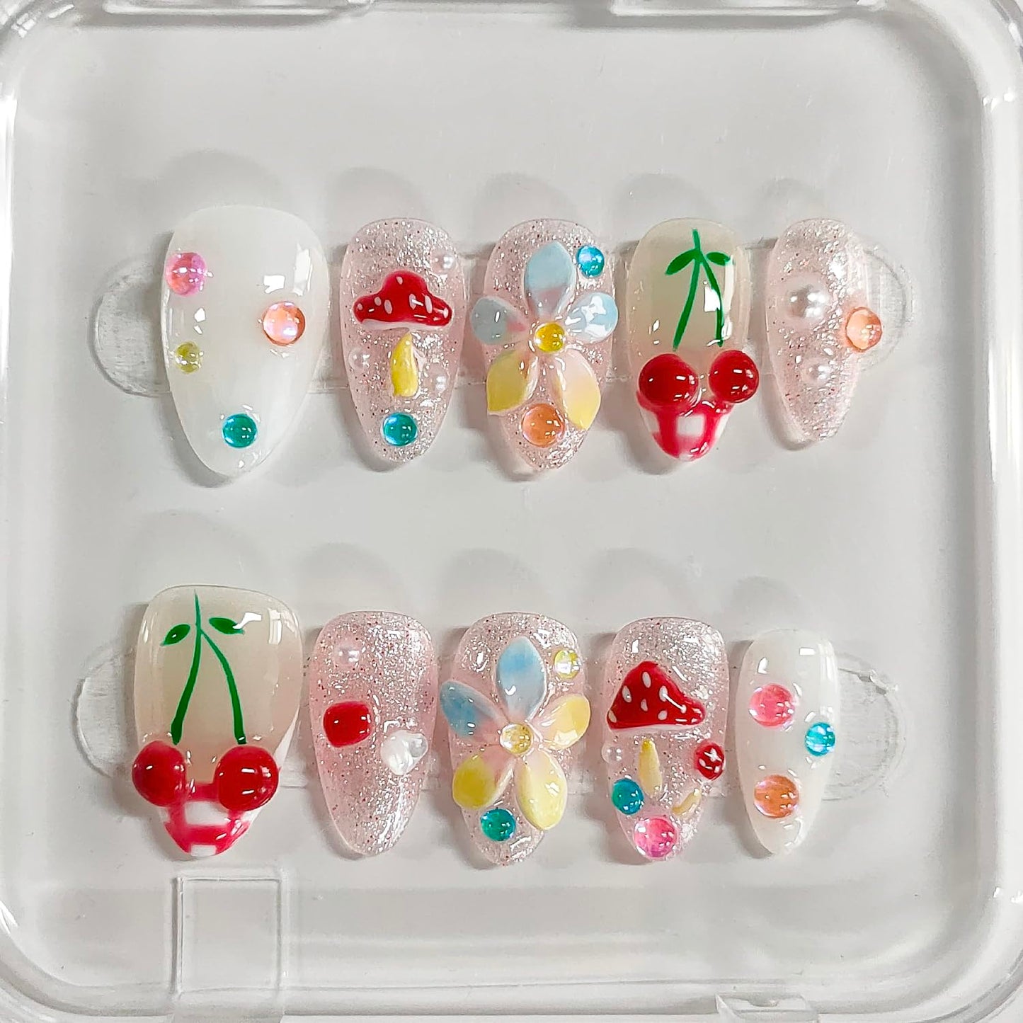 Handmade Press on Nails Almond Medium 3D Floral French Tip Thick Acrylic Fake Nails False Nails with Flower Mushroom Glitter Cherry Designs Cute Sturdy Nail Kawaii Art Press on Nails 10Pcs(S)