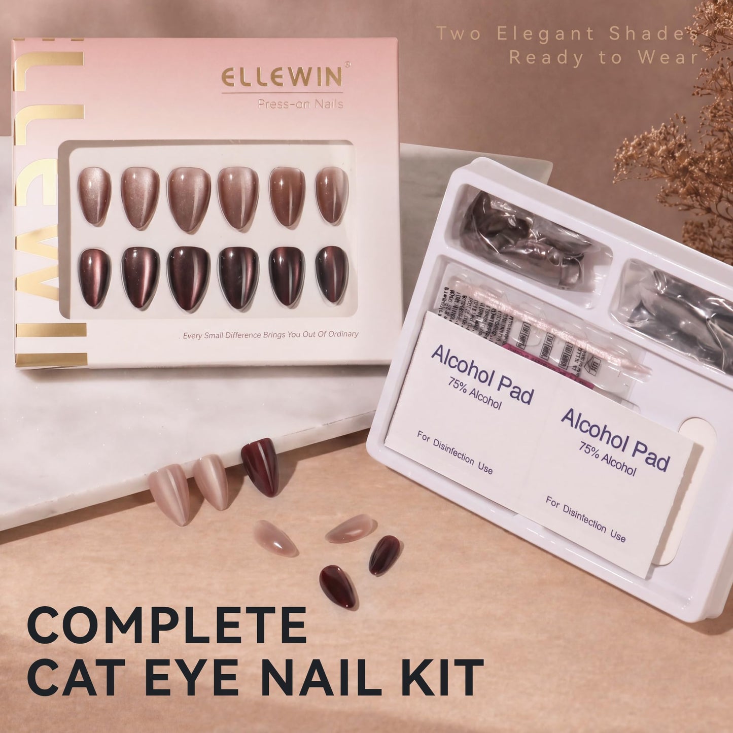 ELLEWIN 60 Pcs Cat Eye Press on Nails Medium Almond - Dark Red & Almond, 15 Sizes Acrylic Glossy Glitter Stick on Nails Set with Glue, Remover & Accessories for Women