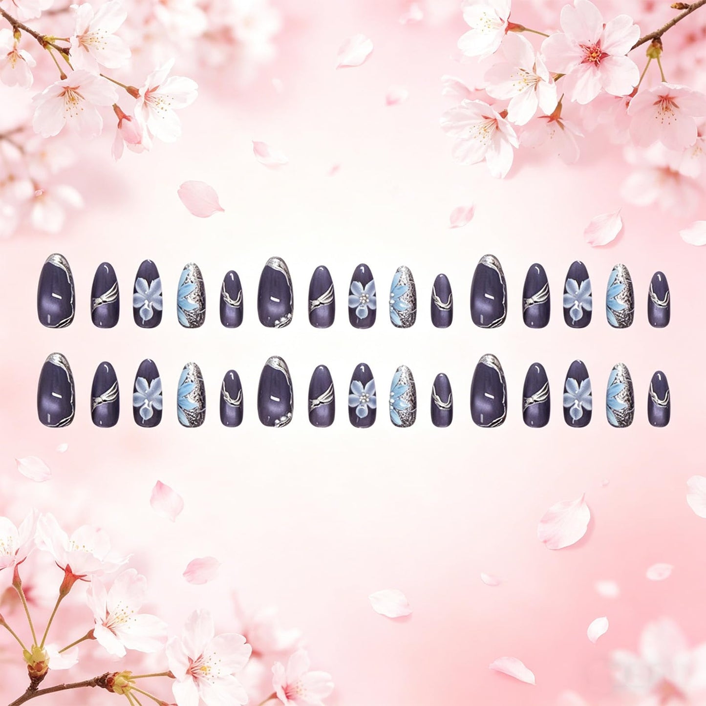 3D Floral Press on Nails Glossy Sparkly Blue Medium Almond Fake Nail Flower False Nails with Silver Glitter Design Curve Line Stick on Nail Pearl Glue on Artificial Fingernails for Women Daily Wear
