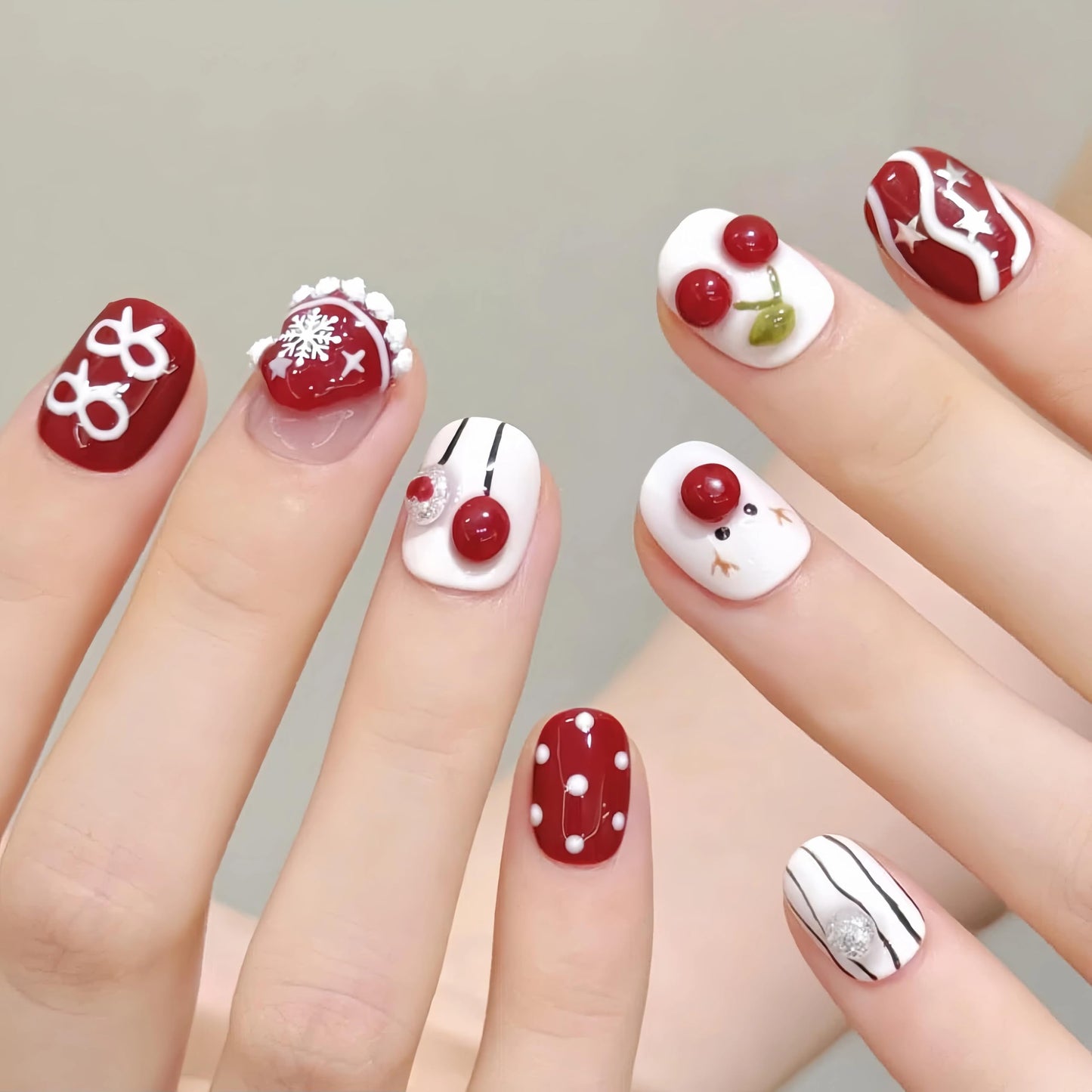 Tesytto Cherry Press on Nails Short Oval - Handmade 3D Cute Art, Red and White Kawaii False Nails, Cute Cartoon Reusable Gel Nails (Cute Snowman,M)