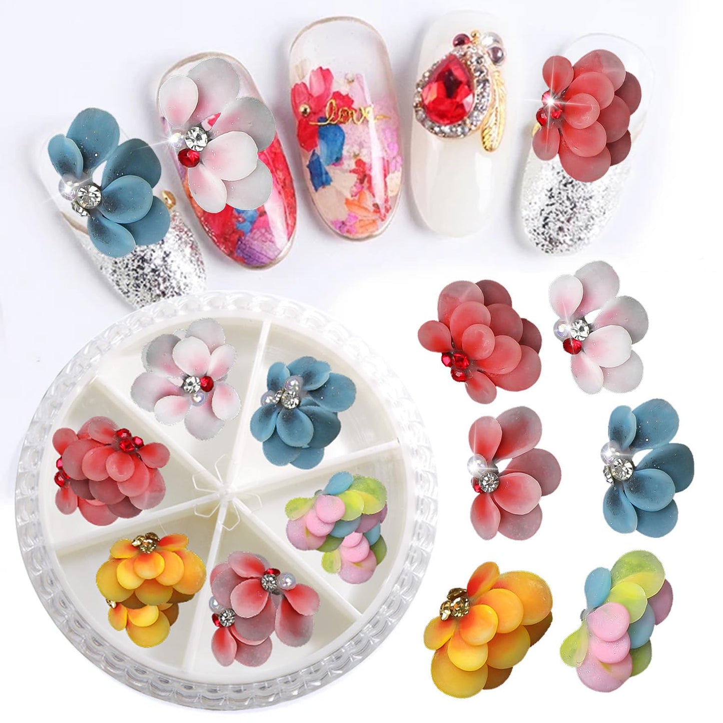 DANNEASY 12pcs 3D Flower for Nails Simulation Flowers Nail Charms Acrylic Nail Art Flowers with Pearls Rhinestones Charms for Nails Decor Resin Nail Decoration Craft Accessories