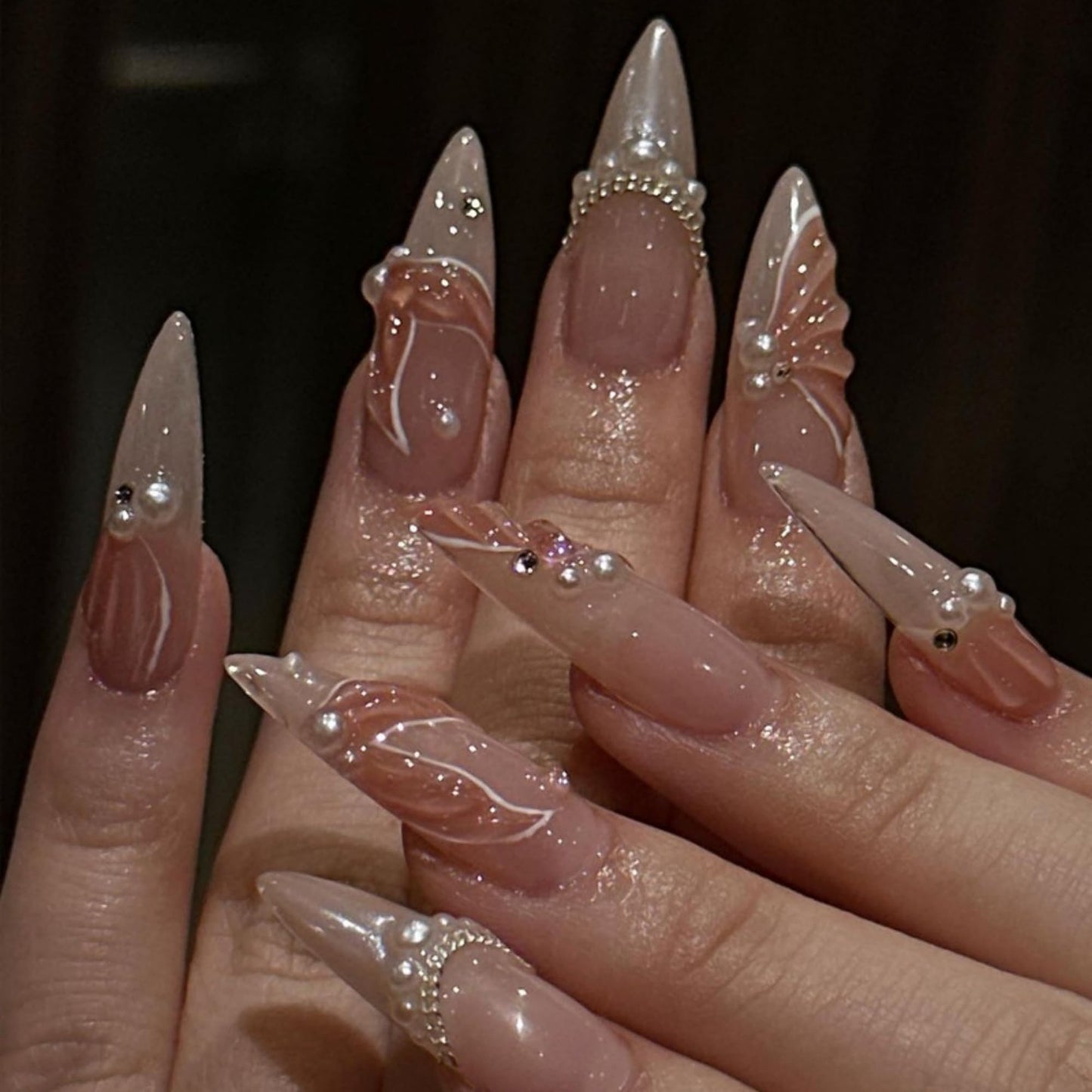 Almond Press on Nails Long Fake Nails Nude Artificial Nail Pearl and Floral Designs Stick on Nail for Women 24pcs