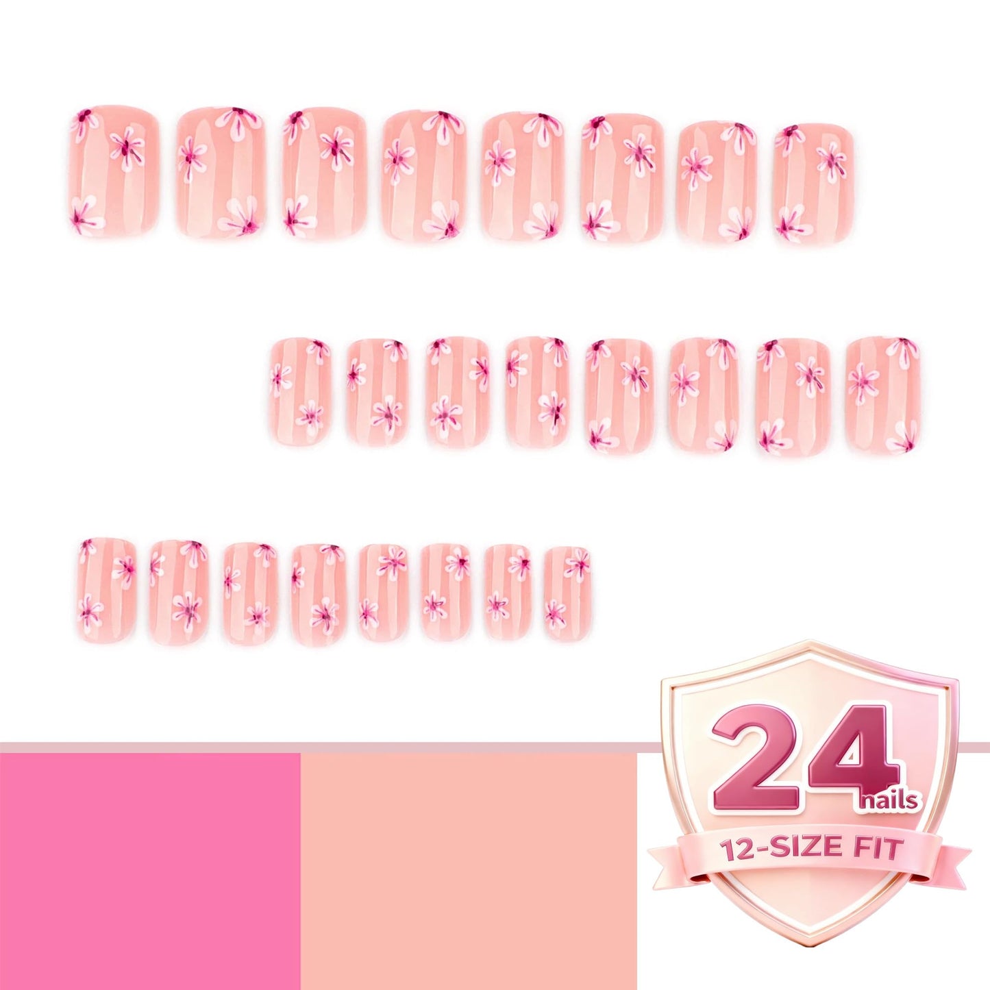 Pink Floral Press On Nails Short Square, Glossy Nude Pink False Nails with Small Daisy Design, Cute Spring Summer Fake Nails for Women, Full Cover Acrylic Nails Set, 24PCS