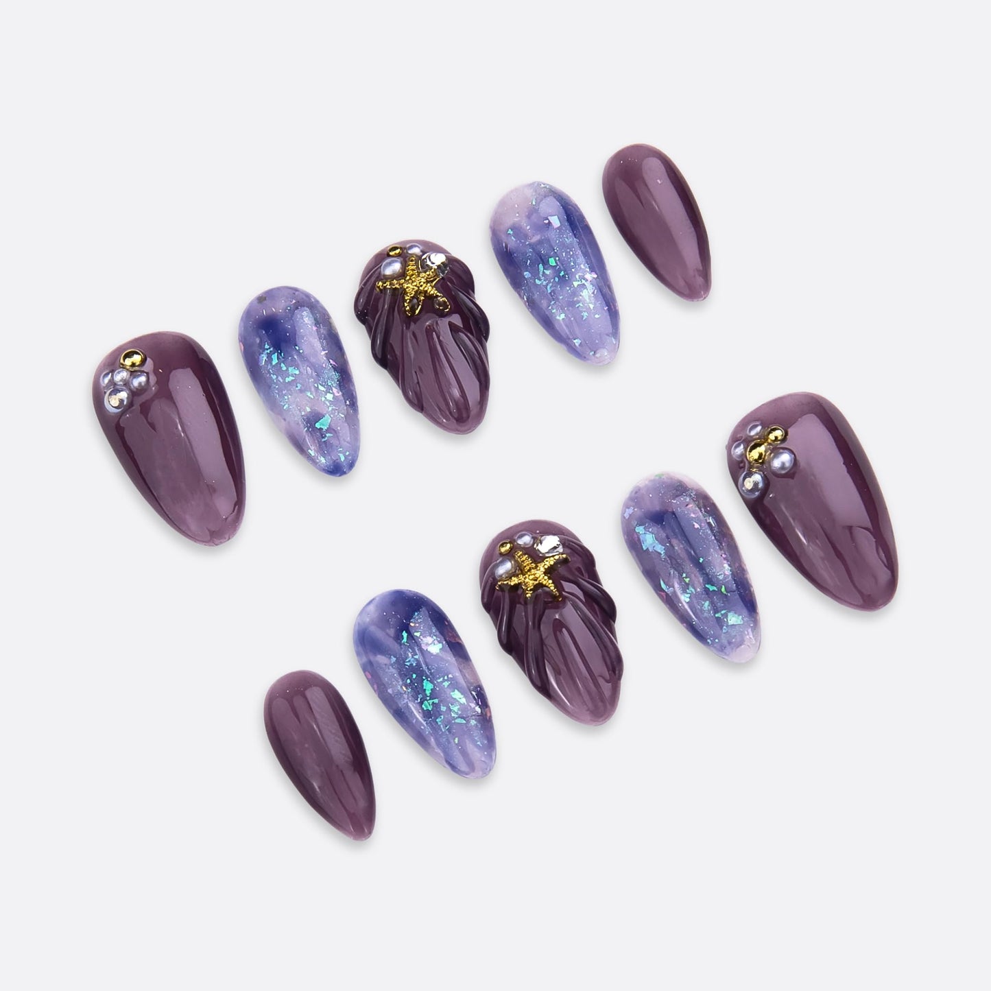 SIYOU Beauty | Ocean's Enchant | Purple Mermaid Short Almond Press On Nails for Women (Medium) - Reusable, Salon-Quality Fake Nails (10pc)