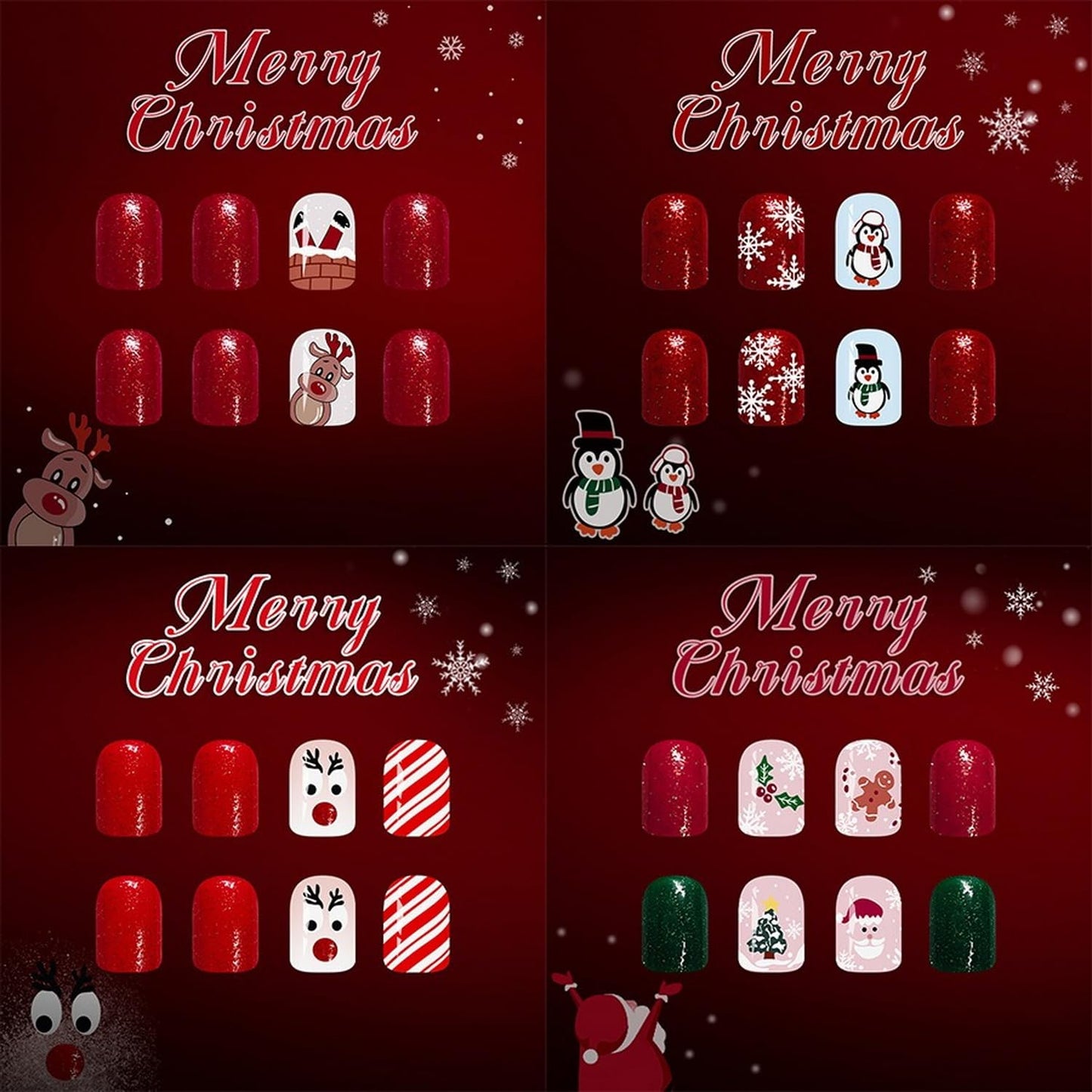 Christmas Press on Nails Kit 96 Pcs Short Square Fake Nails 4 Style Cute False Nails with Penguin Reindeer Snowflake Glitter Designs Red Glossy Glue on Nail Winter Acrylic Nails for Women Girls