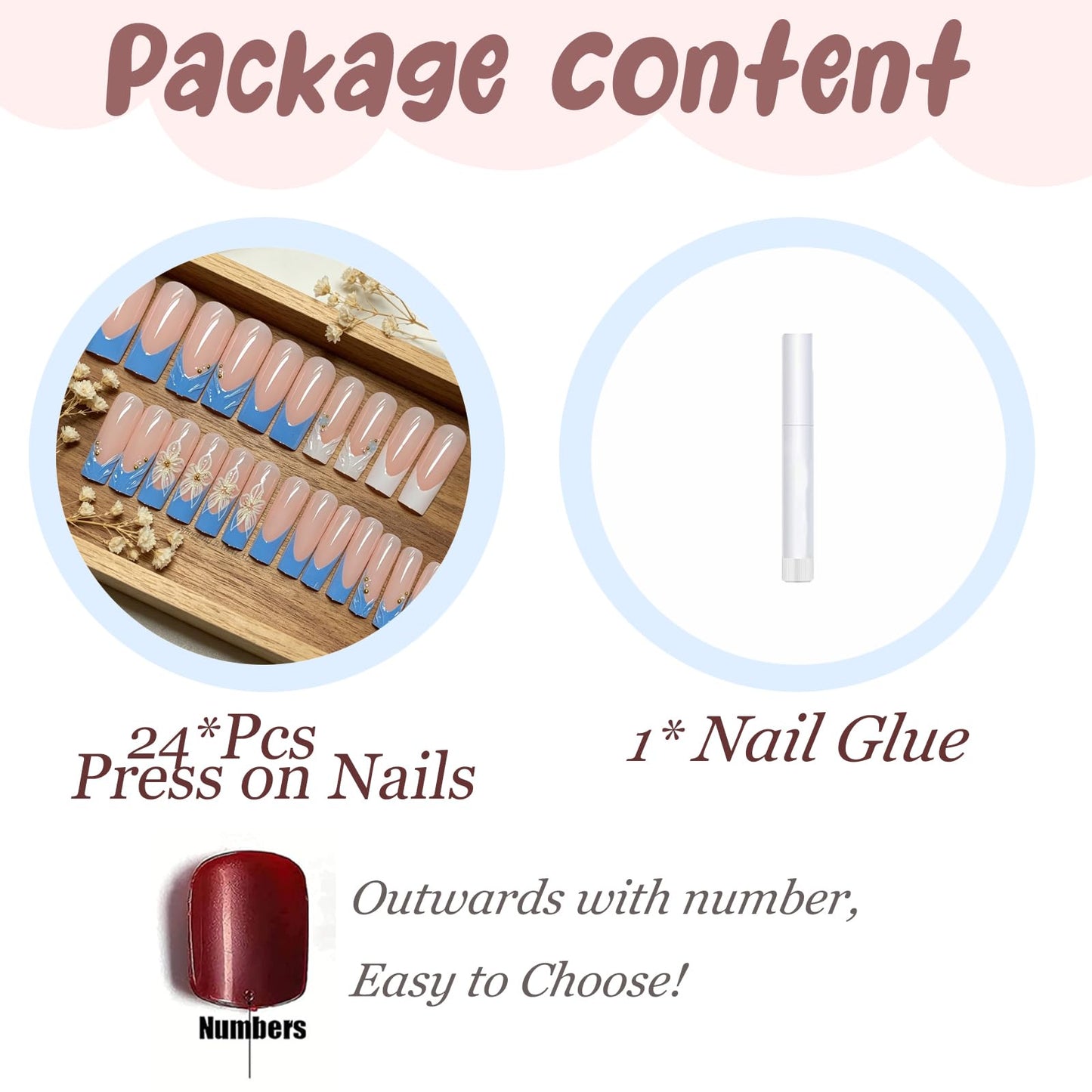 BABALAL Press On Nails, Extra Long Square Fake Nails, Baby Blue with 3D Flower & Gold Pearl Design, Glossy Mermaid Luxury Reusable Glue On Nails for Women and Girls 24Pcs