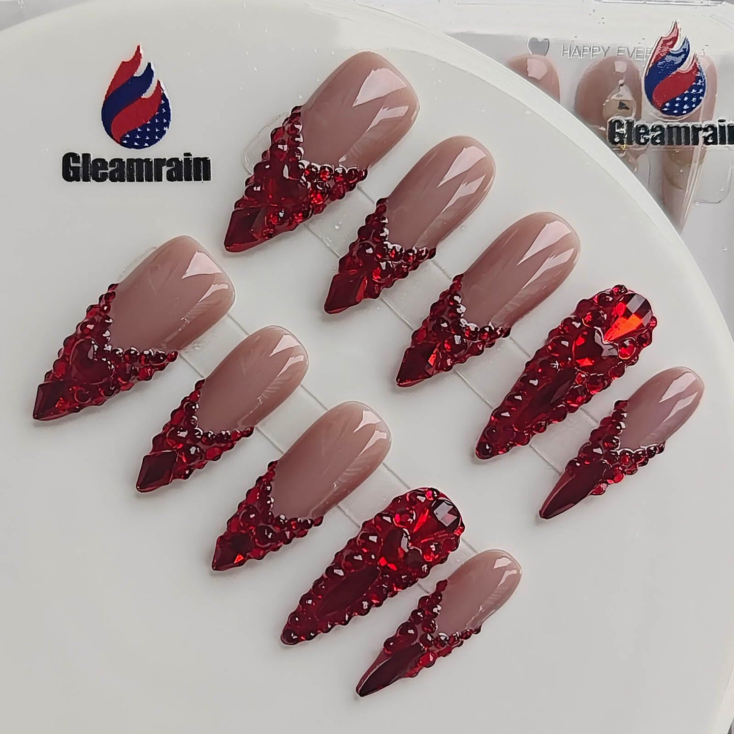 Gleamrain French Stiletto Press on Nails Nude Base Red Rhinestone Decor Glamorous for Prom and Party Birthday Gift for Women M Size 1132HD