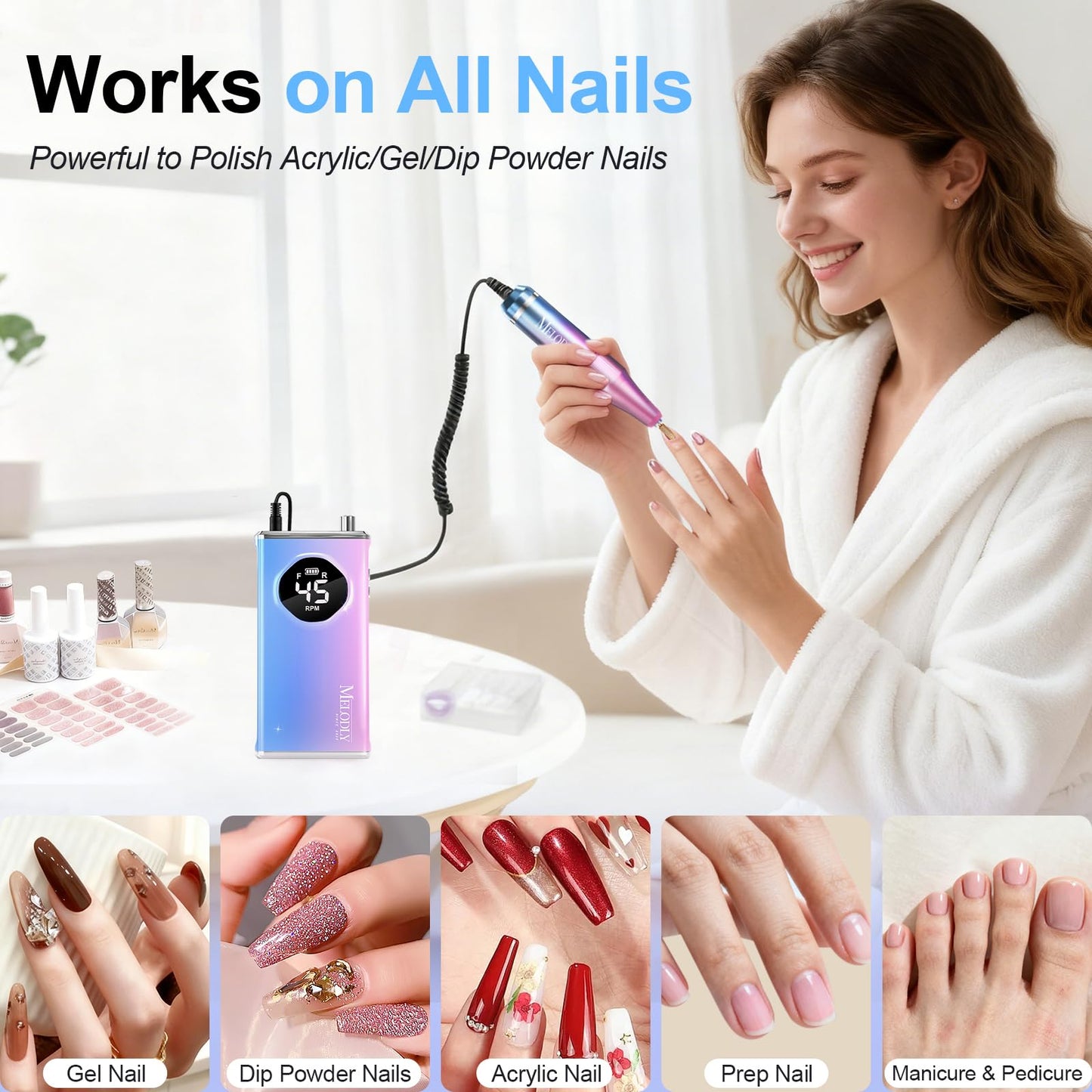 Electric Nail Drill File Professional 45000 RPM, Melodly Rechargeable Electric Nail File Machine Kit for Acrylic Gel Nails Polishing Removing, Portable Cordless Efile with Gold Bits Kit at Salon Home