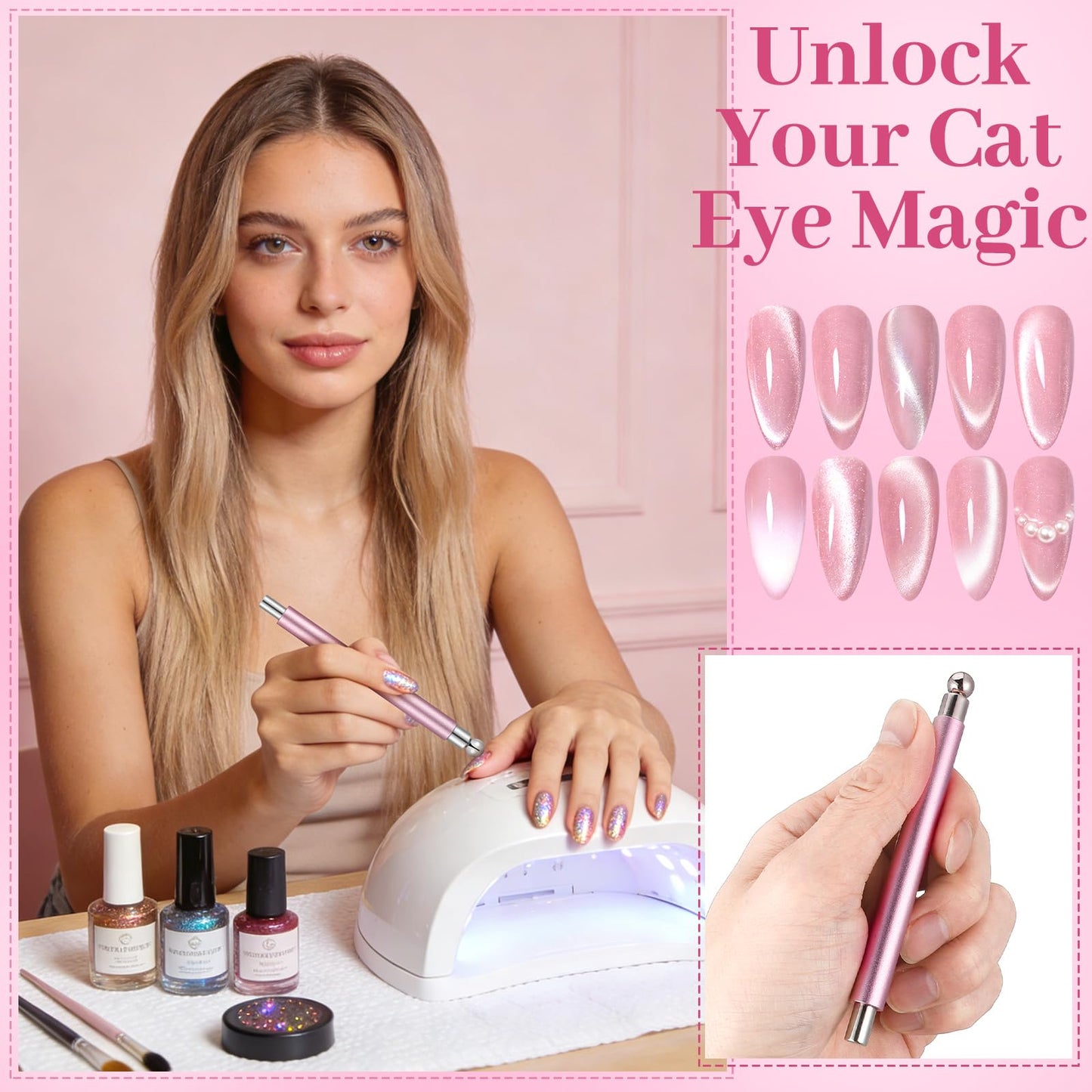 4 Pcs Cat Eye Magnet, Multi-Function Nail Magnet Pen Heart Magnet for Cat Eye Gel Polish, Cat Eye Nail Magnet Tool for Nail Art Design Home Salon Studio DIY