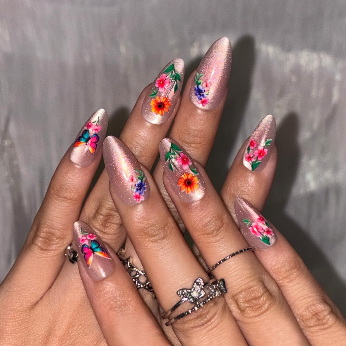 Spring Press on False Nails Pink Cat Eye Glue on Nails Medium Almond Fake Nails with Colorful Butterfly Flower Designs Glossy Press ons Stick on Nail for Women Manicure 24Pcs