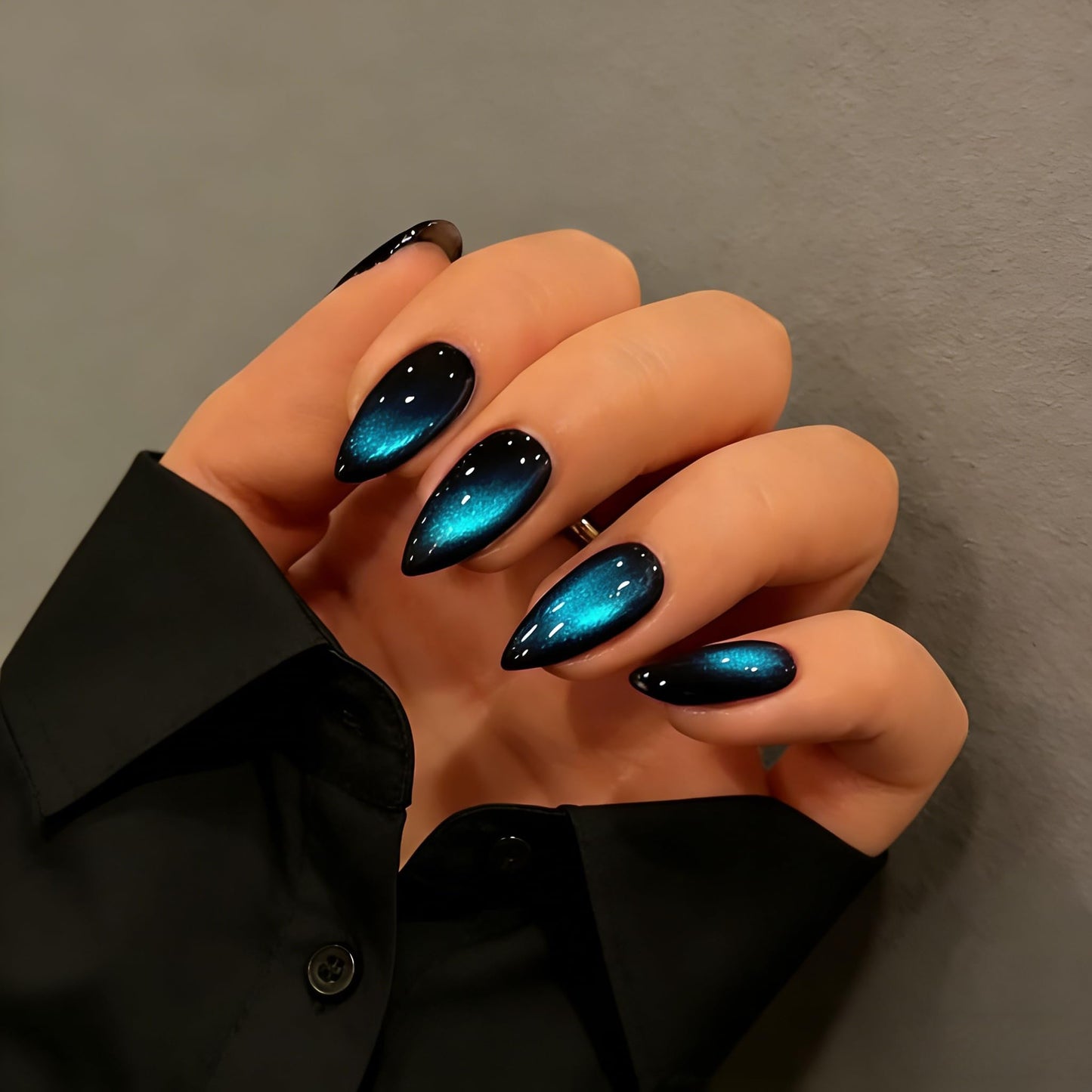 KQueenest Cat Eye Press On Nails Almond - Dark Ocean Blue Press On Nails Medium Stiletto, 30 Pcs 15 Sizes Glitter Fake Nails Press ons Black, Upgrade Thick Quality Glue on Nail for Women Party
