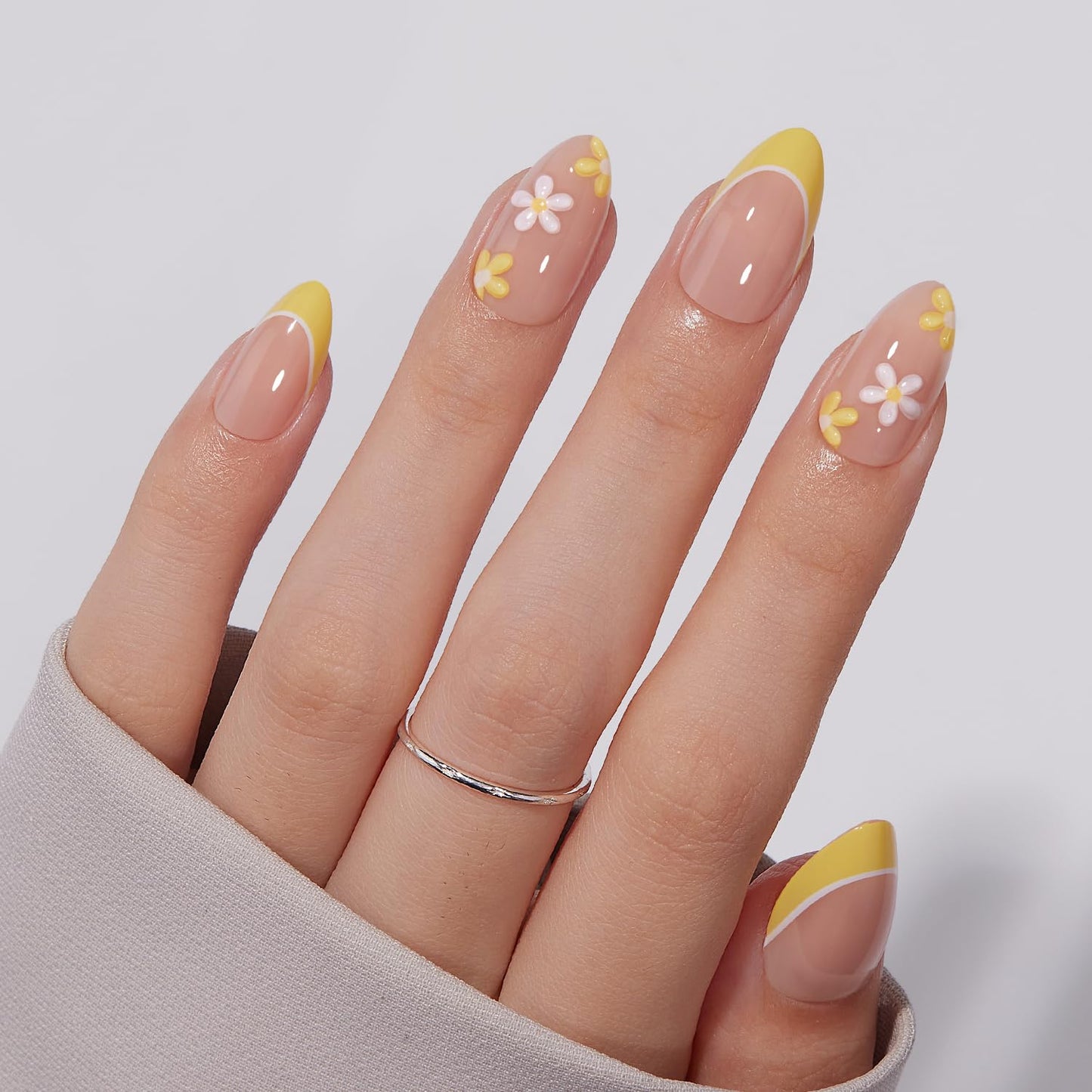 VSALON Press on Nails Short Almond - French Tip Lemon Yellow 3D Flower Design Fake Nails Kit, Floral Spring Summer Salon Gel Glue on Nails with Glue & Cuticle Oil - 32 PCS Stick on Nails in 16 Sizes