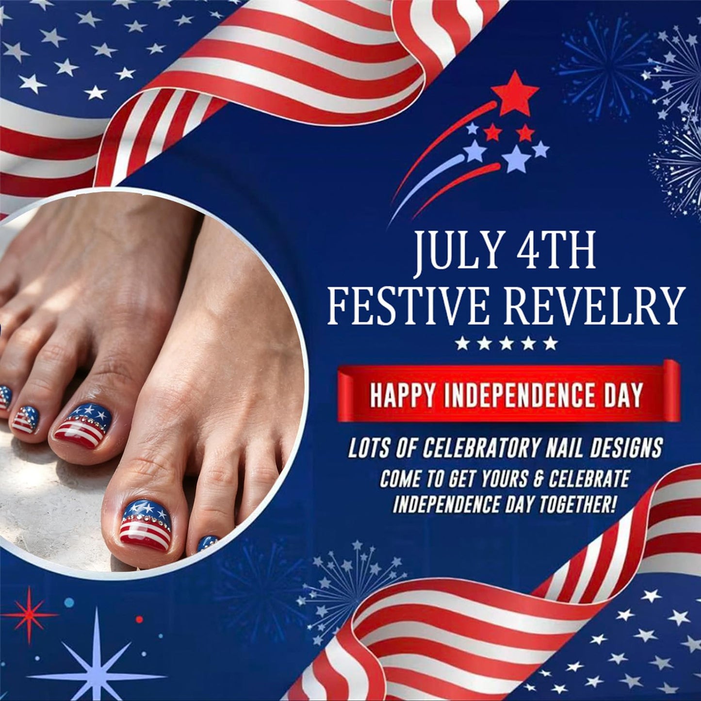 4th of July Press on Toenails Red White Blue Fake Toe nails with Rhinestone Designs Glossy Short Square Acrylic Toe Nail Press ons Independence Day Stick on Toenails for Women 24Pcs