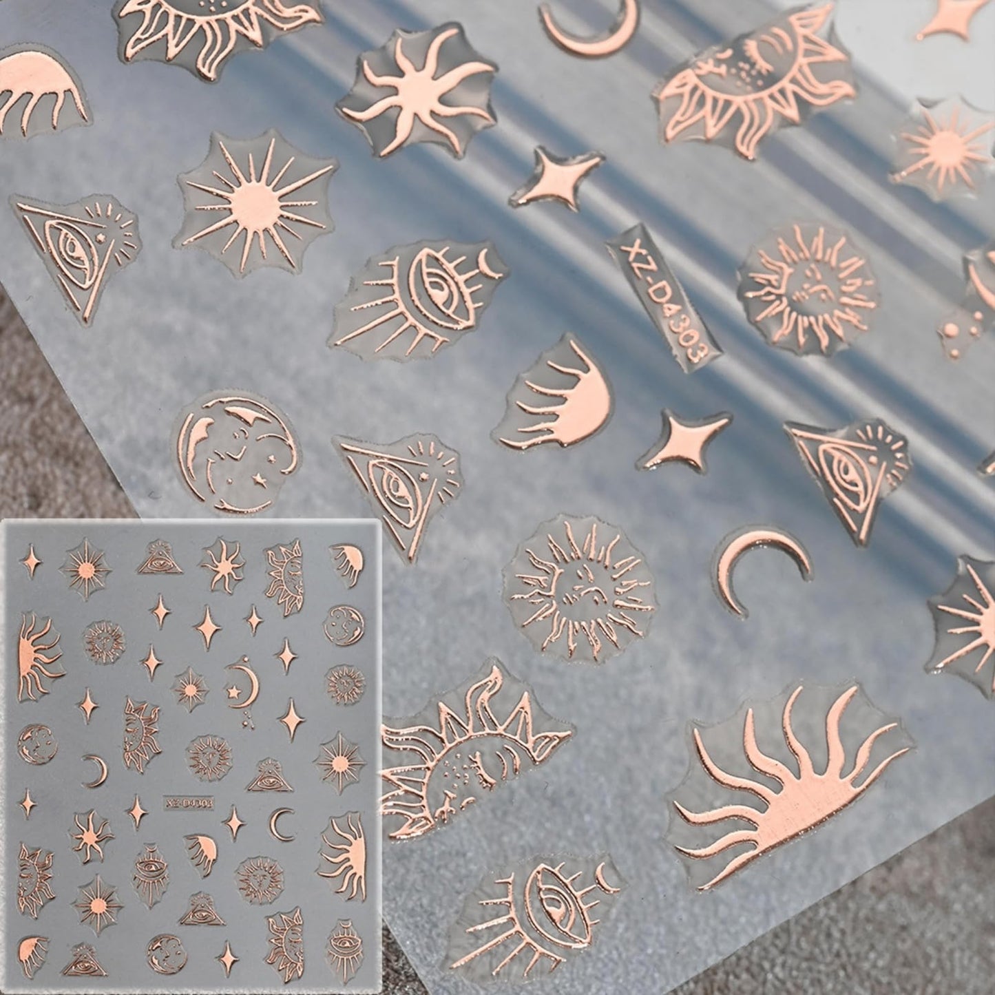 12 Sheets Rose Gold Nail Art Stickers, 3D Self-Adhesive Sun Moon Stars Designs Nail Sticker Acrylic Manicure Decals Decorations Accessory for Women Girls