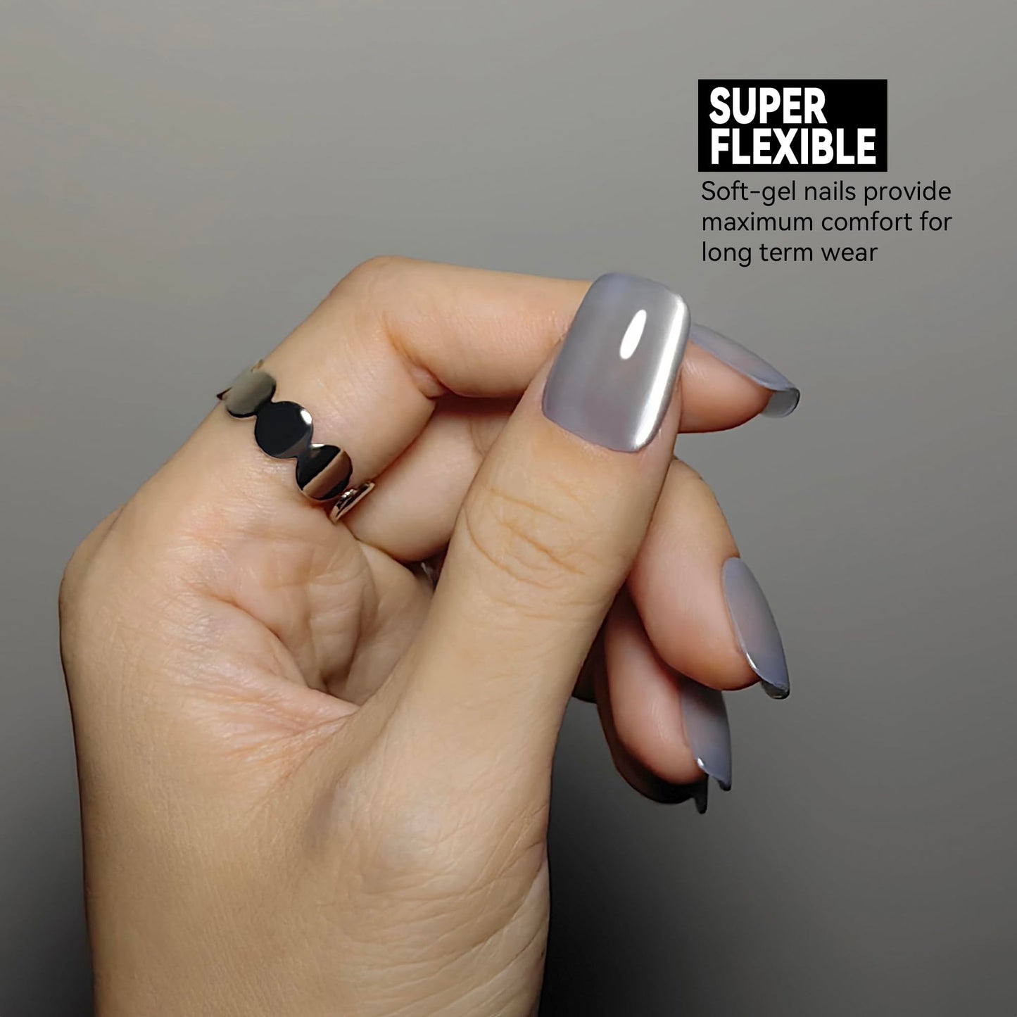 Okiyomi Silver Press on Nails - Metallic Cat Eye Press on Nails | Magnetic Moonlit Shimmer - Short Ballerina Squoval Shape - 15 Sizes - 30 Soft Gel Fake Nails with Glue and Stick On Tabs