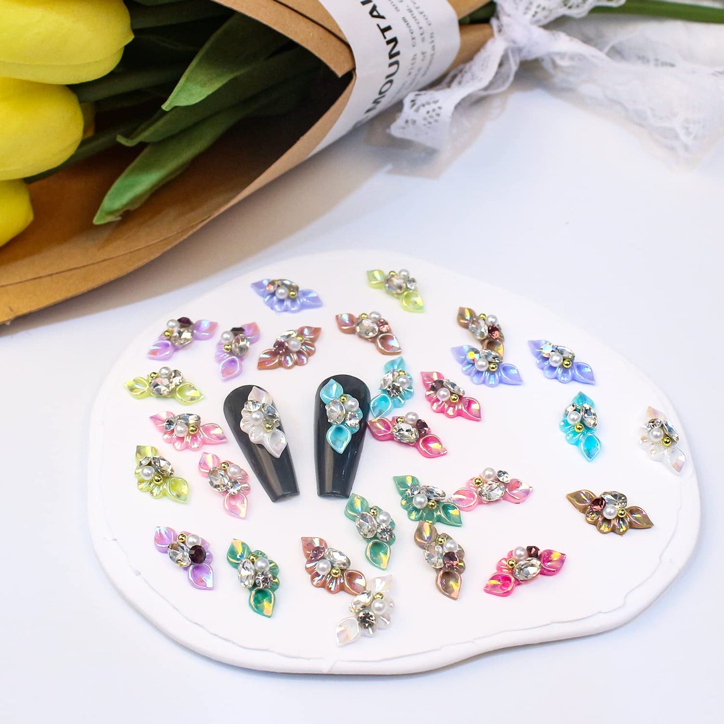DANNEASY 30pcs 5d Flower Nail Charms Flat Back Embossed Nail Art Charms with Rhinestones Pearl Crystals Diamond Gems Nail Jewels Nail Decoration for Acrylic Nails DIY Craft Jewelry Making Accessories